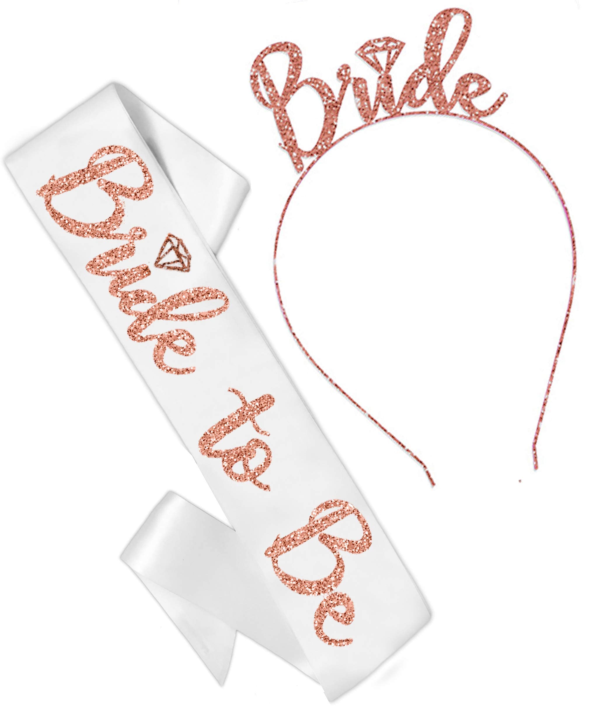 Rose Gold Bridal Shower Set - Premium Satin White Sash & Sparkling Rose Gold Diamond Bride Headband, Wedding Accessories Kit, Bridal Party Gift (B2B & HB) - Perfect for Bridal Showers, Wedding Receptions & Bachelorette Parties