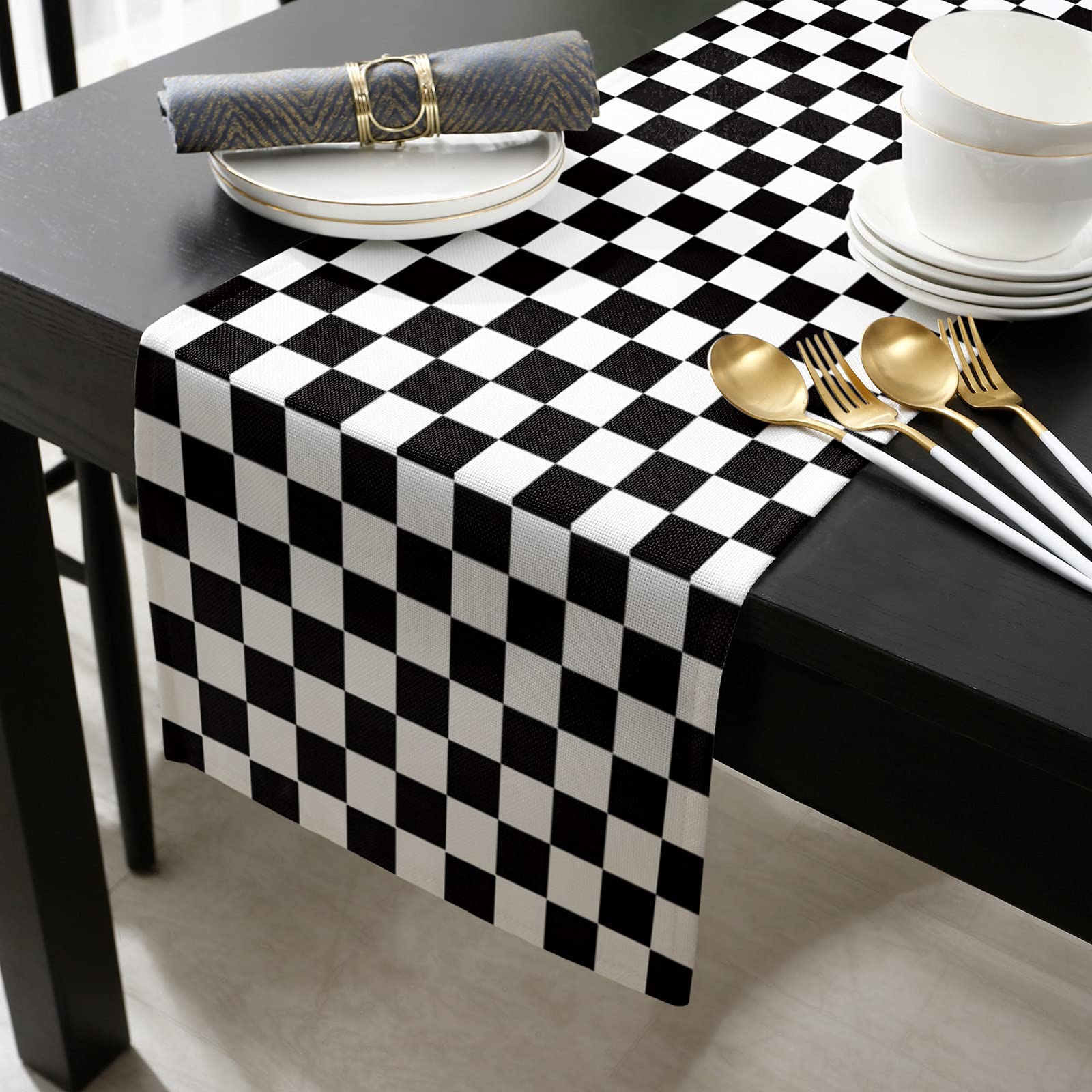 Burlap Linen Table Runner 36 Inch - Black and White Checkered Geometric Kitchen Dining Table Decor for Farmhouse, Wedding, Banquet | Perfect for Coffee Tables, Dressers, and Party Decorations