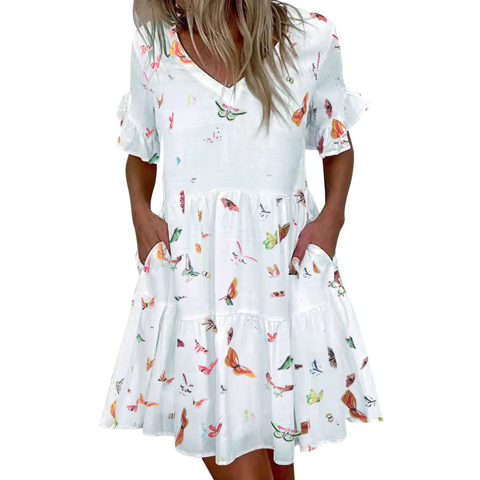 Elegant White V-Neck Ruffle Pleated Dress for Women with Pockets - Perfect for Summer Outfits, Parties, and Casual Wear