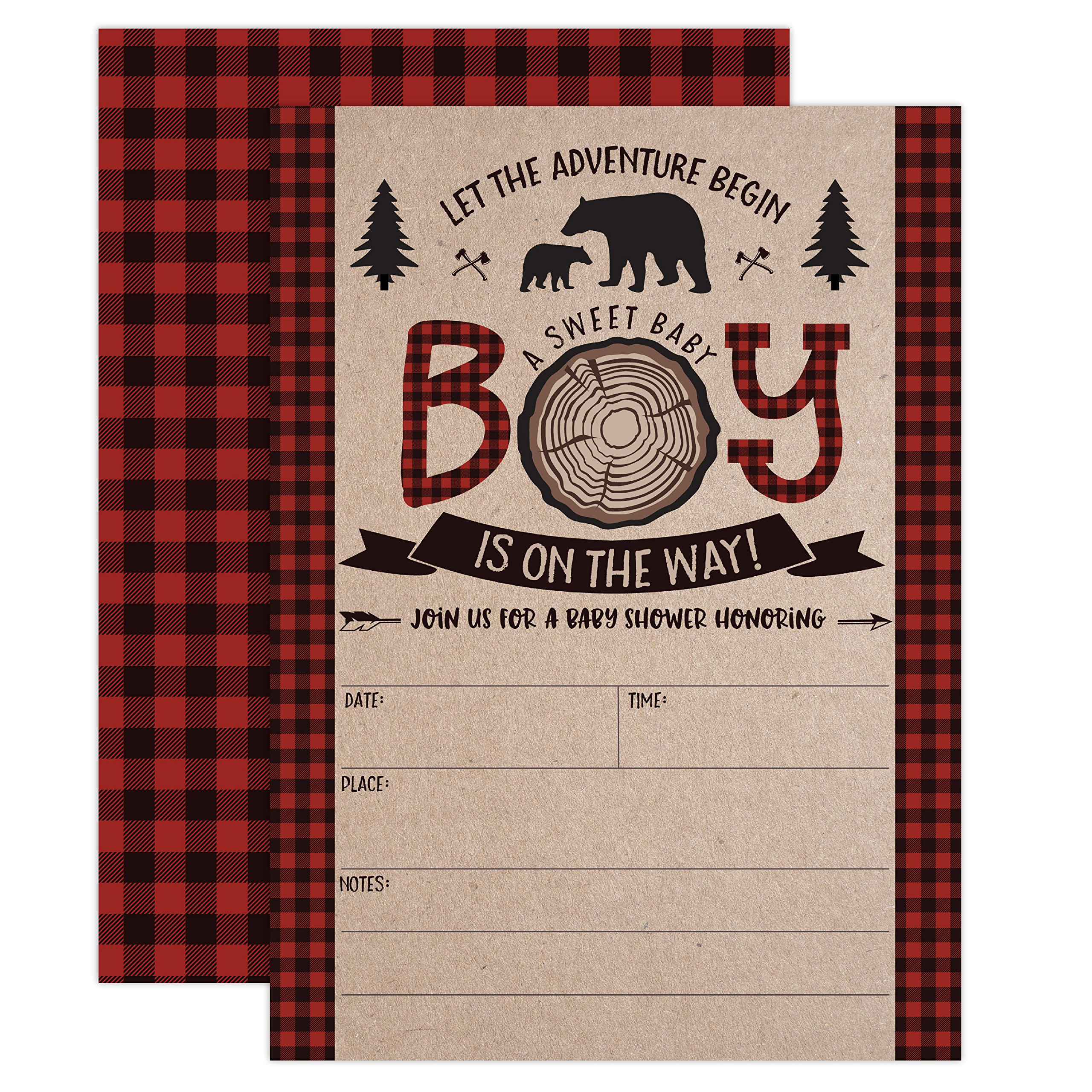 Lumberjack Baby Shower Invitations for Boys - Woodland Theme Mama Bear Baby Shower Invites with 20 Fill-in Cards & Envelopes - Perfect for Rustic Nursery, Gender Reveal Parties and Outdoor Themed Celebrations