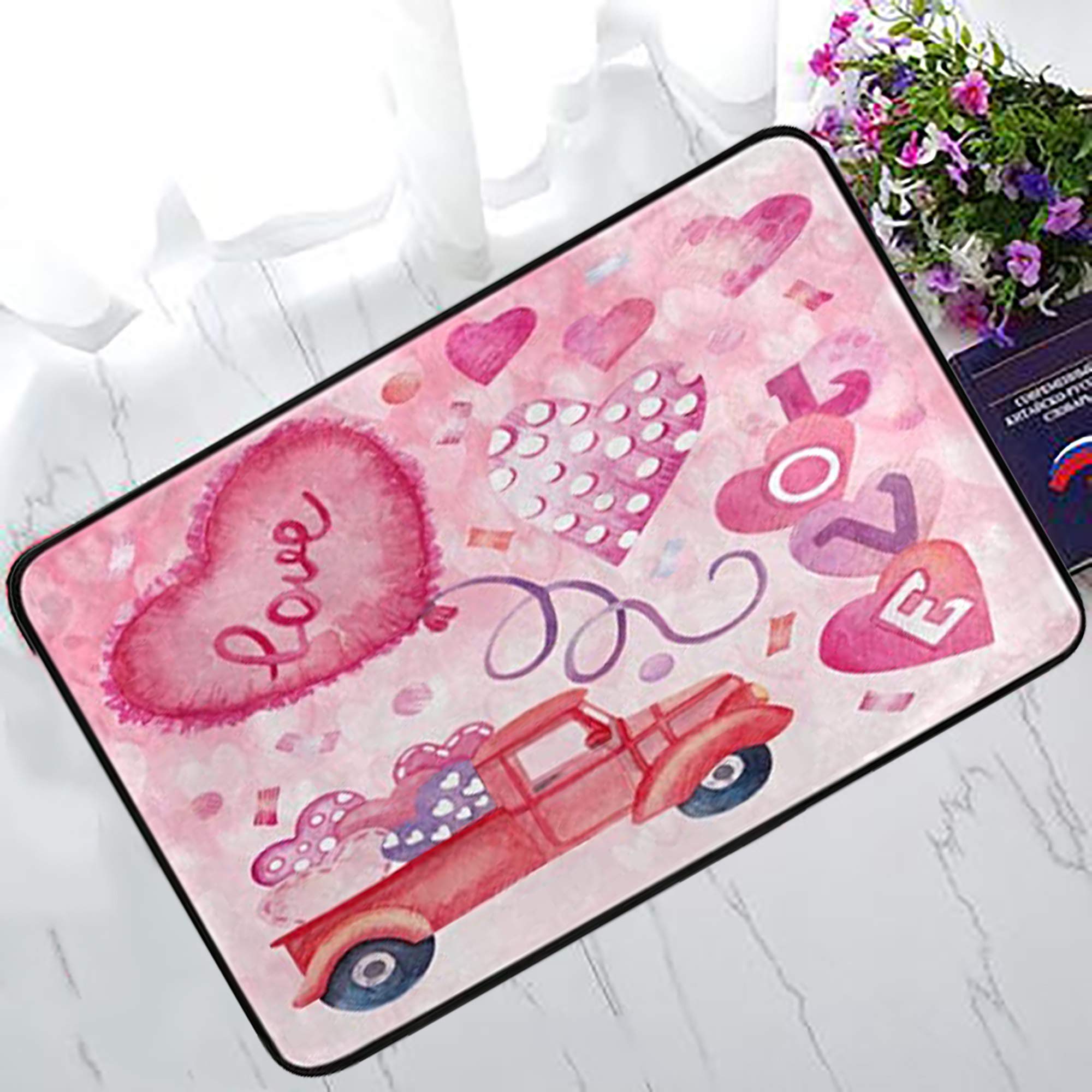 Valentine's Day Red Truck Doormat 23.6x15.7 Inch - Romantic Heart Design Non-Slip Welcome Mat for Entryway, Kitchen, Bathroom - Perfect Home Decor Gift for Couples & Anniversaries