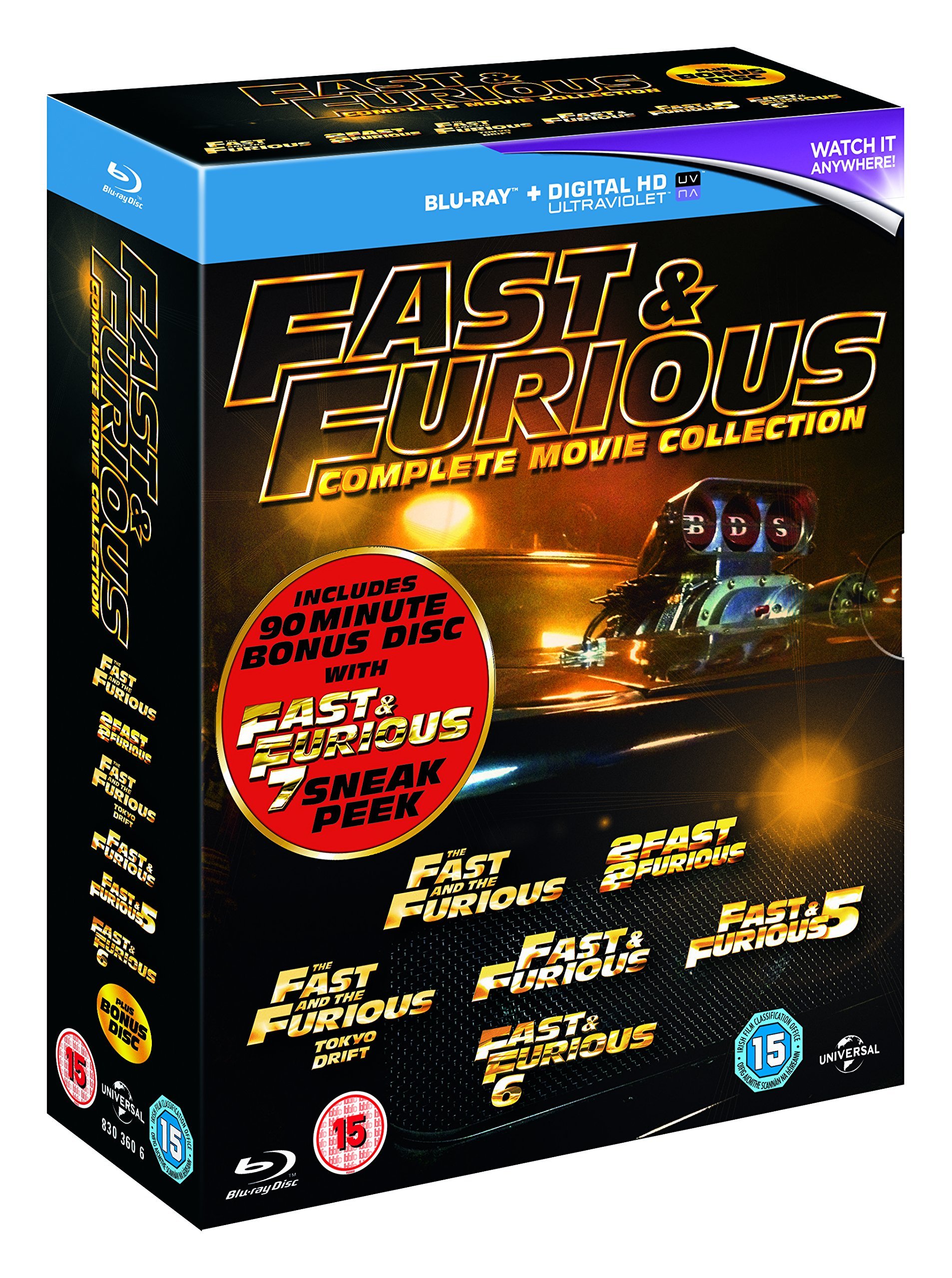 Fast & Furious 1-6 Movie Collection with Fast & Furious 7 Sneak Peek - Blu-ray Box Set (2015) - Action Packed Racing Films for Movie Nights & Car Enthusiasts