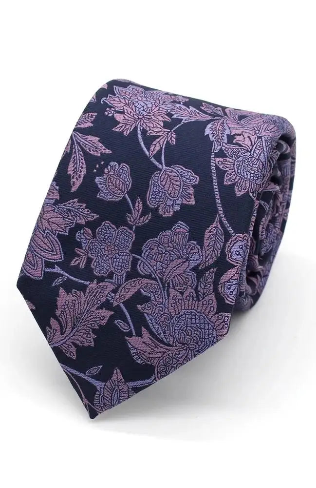L A Smith Lilac And Sky On Navy Bold Floral Tie And Pocket Square Set - Perfect for Weddings, Prom & Formal Events
