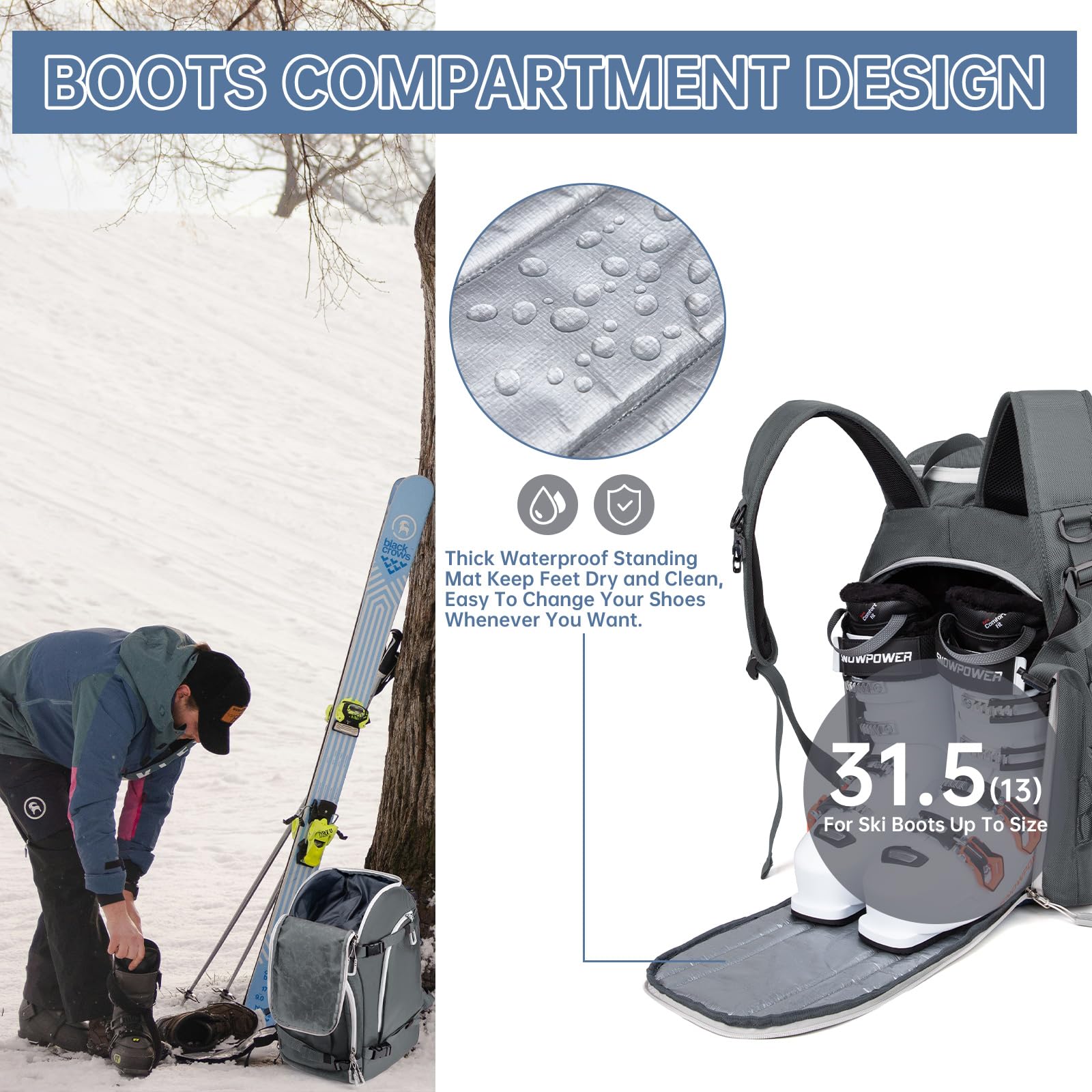 50L Waterproof Ski & Snowboard Travel Backpack with Padded Boot Compartment - Perfect for Ski Trips, Snowboarding Vacations & Winter Sports Gear Storage