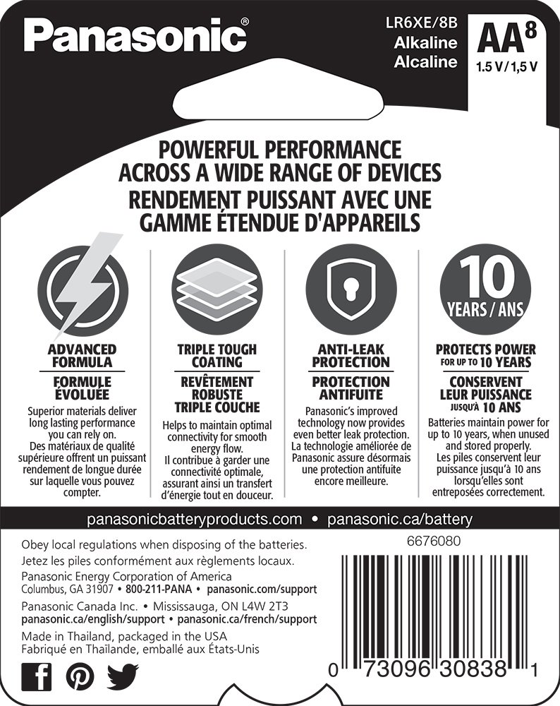 Panasonic Platinum Power AA Alkaline Batteries (8-Pack) - LR6XE/8B - Long-Lasting for Toys, Flashlights, Remote Controls & More