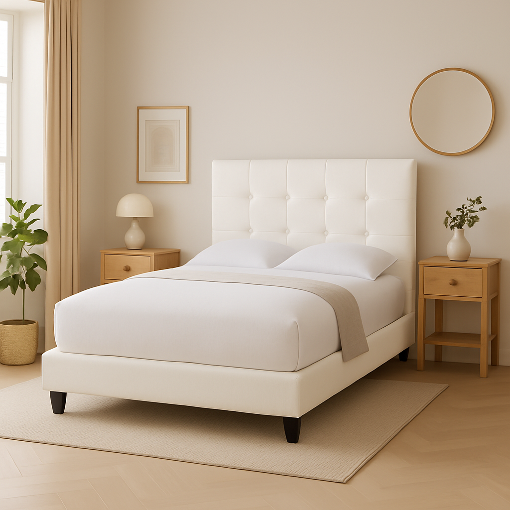Ellie Queen Size Faux Leather Upholstered Bed Frame with Wooden Slats - Modern Platform Bed for Bedroom, Guest Room & Master Suite