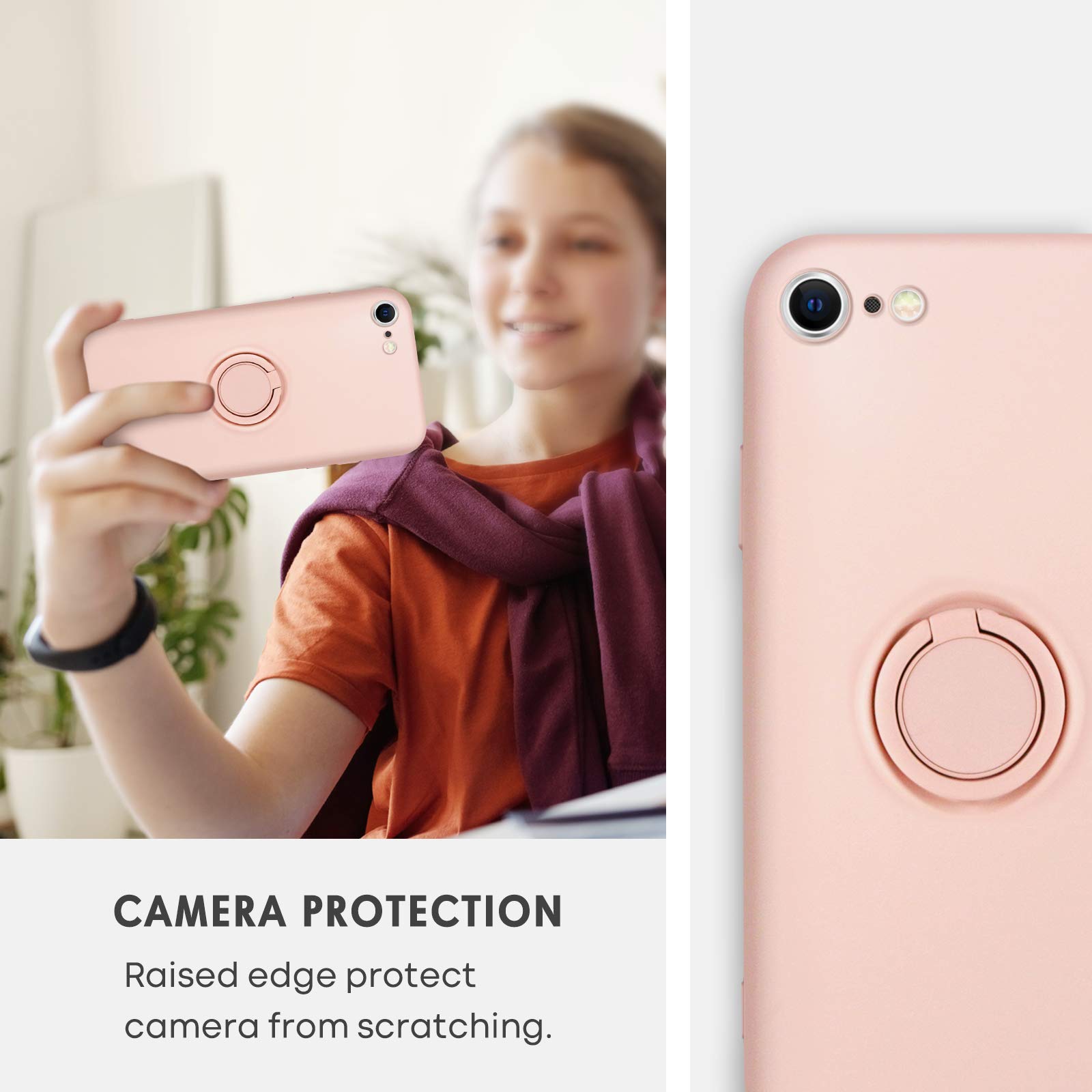 Premium Slim Silicone iPhone SE 2022/2020 & iPhone 8/7 Case - Shockproof Soft Rubber Hybrid Cover with 360° Ring Kickstand (Pink) - Perfect for Women's Daily Protection & Hands-Free Viewing