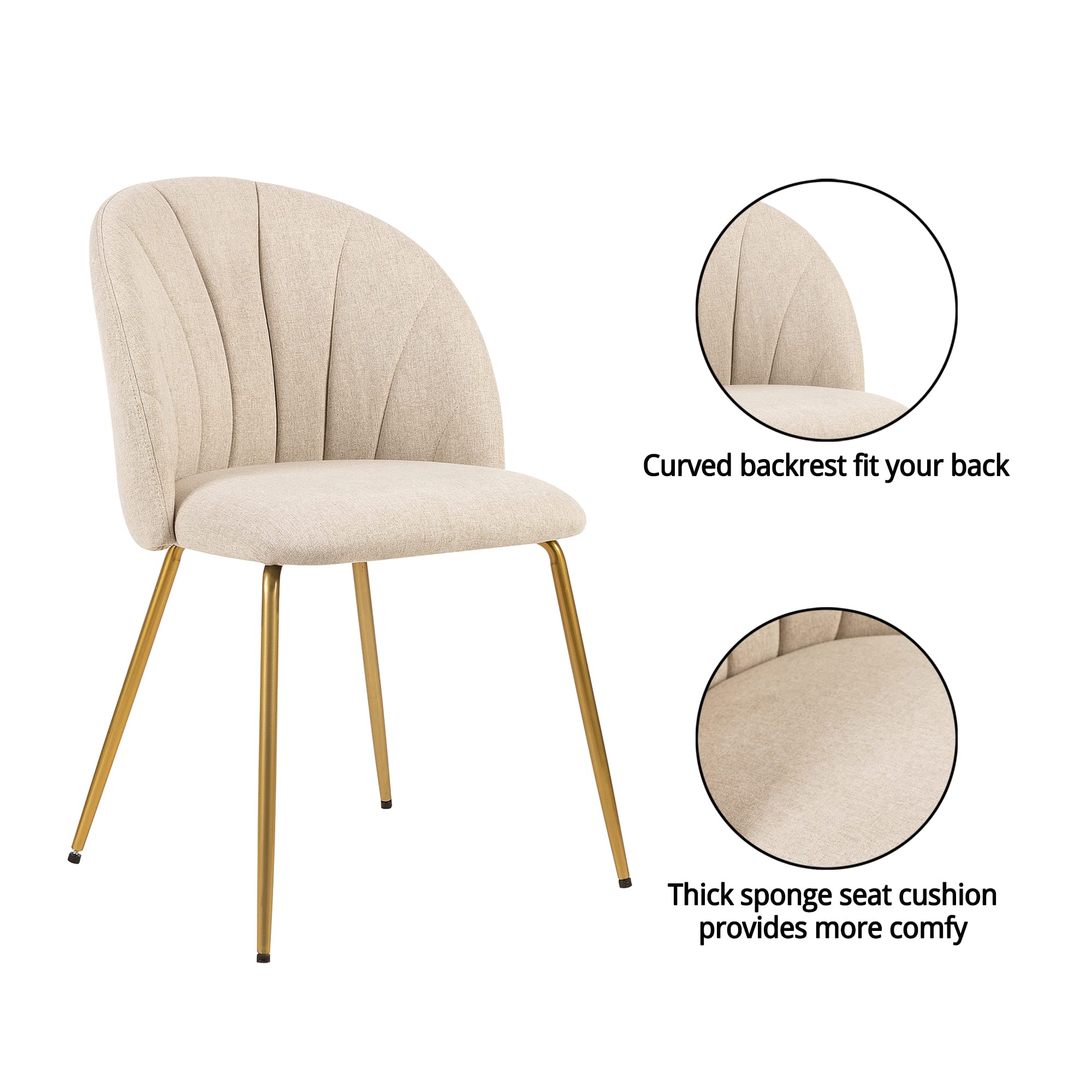 LEEJAY 32 Inch Mid Century Modern Dining Chairs - Set of 4 Beige Fabric Upholstered Accent Chairs with Gold Metal Legs for Kitchen, Living Room & Dining Room | Comfortable Seating for Family Meals & Entertaining Guests