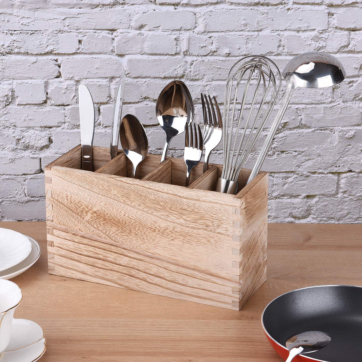 Upgraded Wooden Cutlery Holder Organizer - 4 Compartment Countertop Storage for Silverware, Forks, Spoons & Spatulas | Kitchen Utensil Organizer for Dining Table, Buffet Setup & Countertop Organization