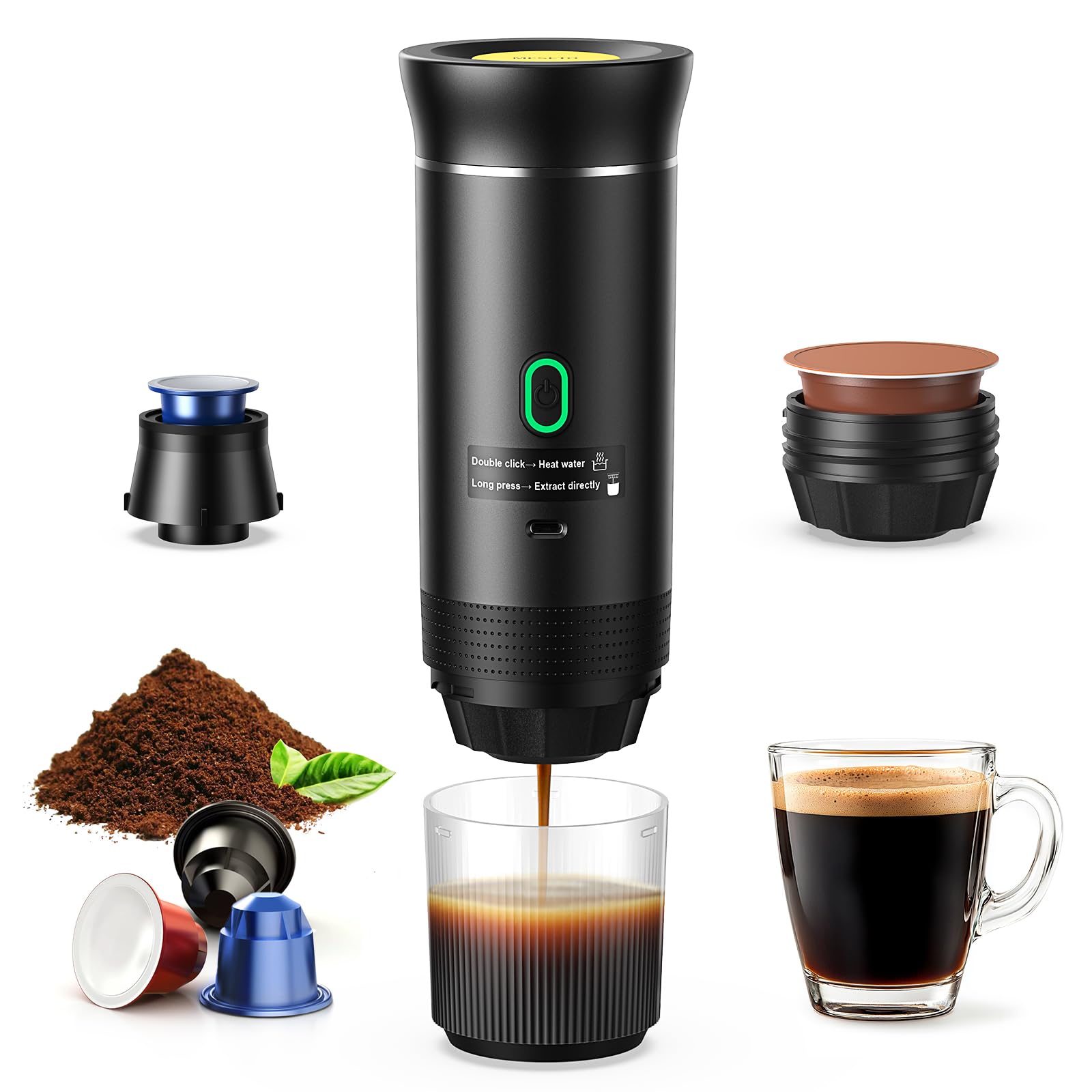 Portable Espresso Maker - USB-C Travel Coffee Machine for Camping, Hiking & RV | Self-Heating Car Coffee Maker Compatible with Ground Coffee & Nespresso Capsules | Perfect for Outdoor Adventures, Road Trips & Home Use
