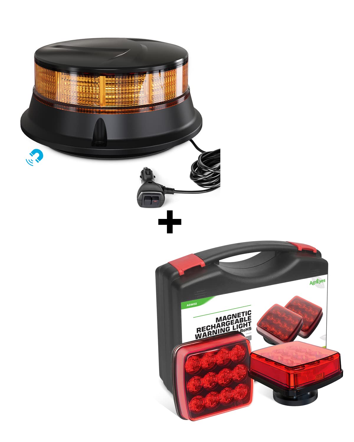 Agrieyes Emergency Strobe Light Kit - 4.2 Inch Magnetic Rechargeable Red LED Warning Beacon for Tractors, Trucks, Boats & Emergency Vehicles | Safety Hazard Lights for Roadside, Construction & Marine Use