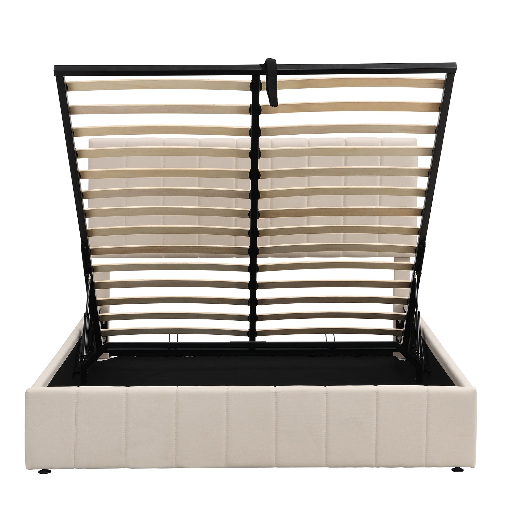 Queen Size Upholstered Platform Bed Frame with Hydraulic Storage & Linen Fabric Headboard - Wood Slat Support, No Box Spring Needed - Beige (Perfect for Small Bedrooms, Guest Rooms & Modern Apartments)