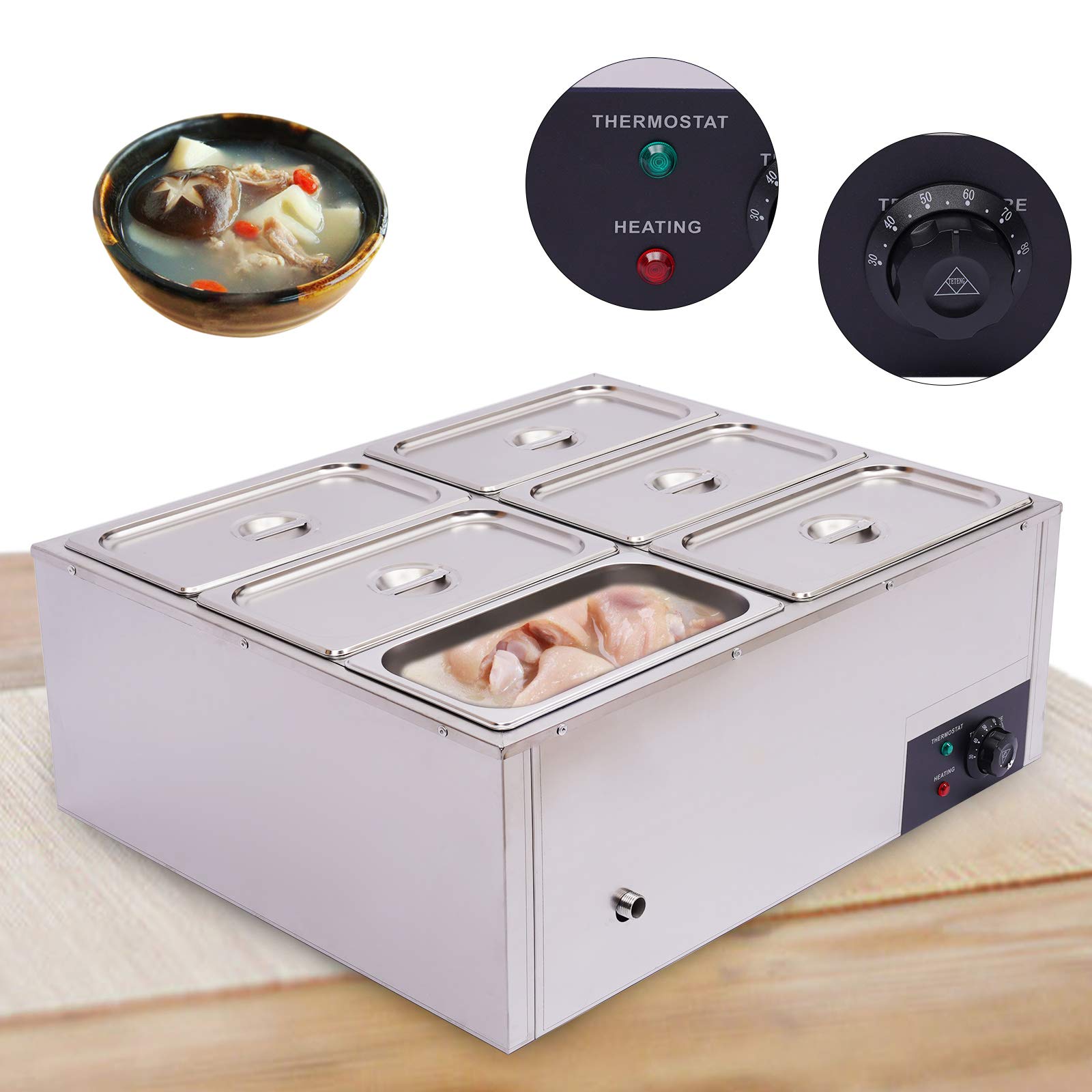 TFCFL 6-Pan Commercial Food Warmer - 6 x 7L Stainless Steel Steam Table with Temperature Control - 110V 850W Electric Buffet Warmer for Restaurants, Cafeterias, Hotels & Catering Events - Perfect for Buffet Service, Banquets, and Food Display