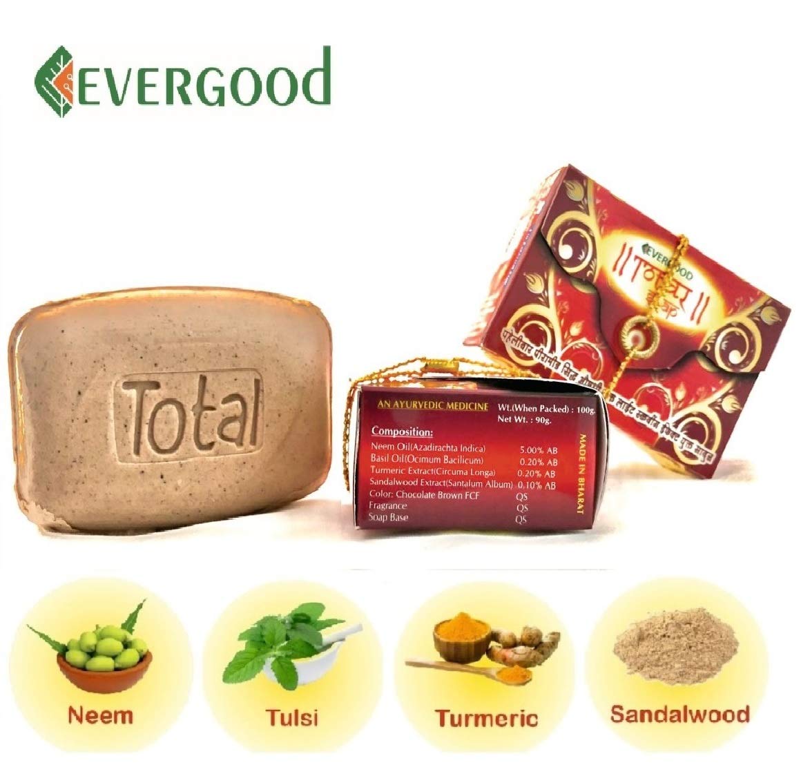 EVERGOOD Total Ayurvedic Skin Soap with Neem, Basil Oil, Sandalwood & Turmeric - Natural Herbal Cleansing Bar for Acne, Eczema & Healthy Skin Care (Pack of 1) - Perfect for Daily Face & Body Wash Routine