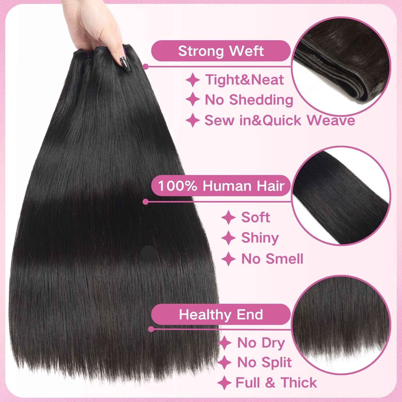Beauty Queen 3 Bundles 16A Grade Brazilian Virgin Human Hair Extensions - 20 20 20 Inch Unprocessed Straight Hair for Sew-In Weave (Natural Black) | Perfect for Daily Styling, Special Occasions & Salon Quality Looks