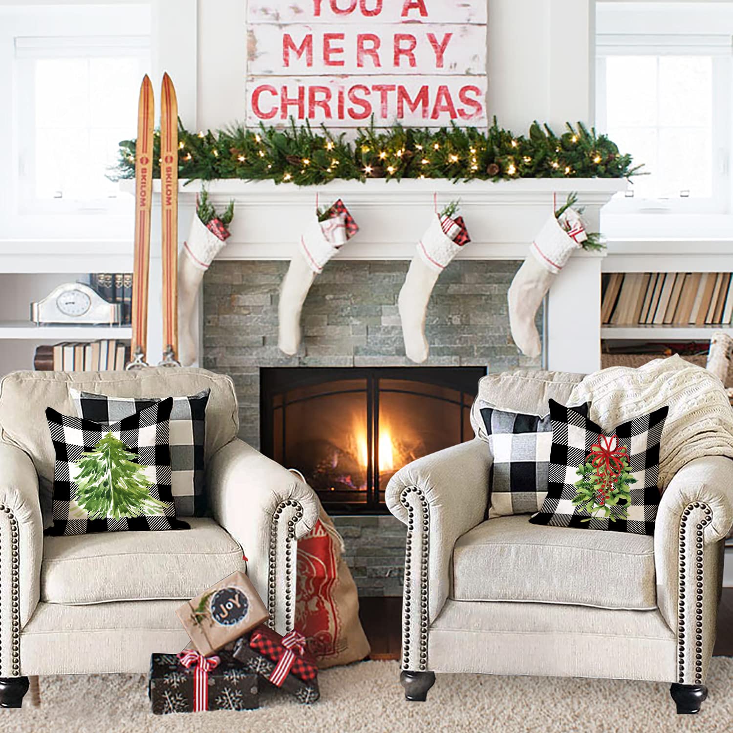 18x18 Christmas Pillow Covers Set of 4 - Buffalo Plaid Farmhouse Holiday Decor with Mistletoe & Holly Design - Rustic Winter Throw Pillow Cases for Sofa, Bed, Couch - Green and Black Seasonal Home Decor
