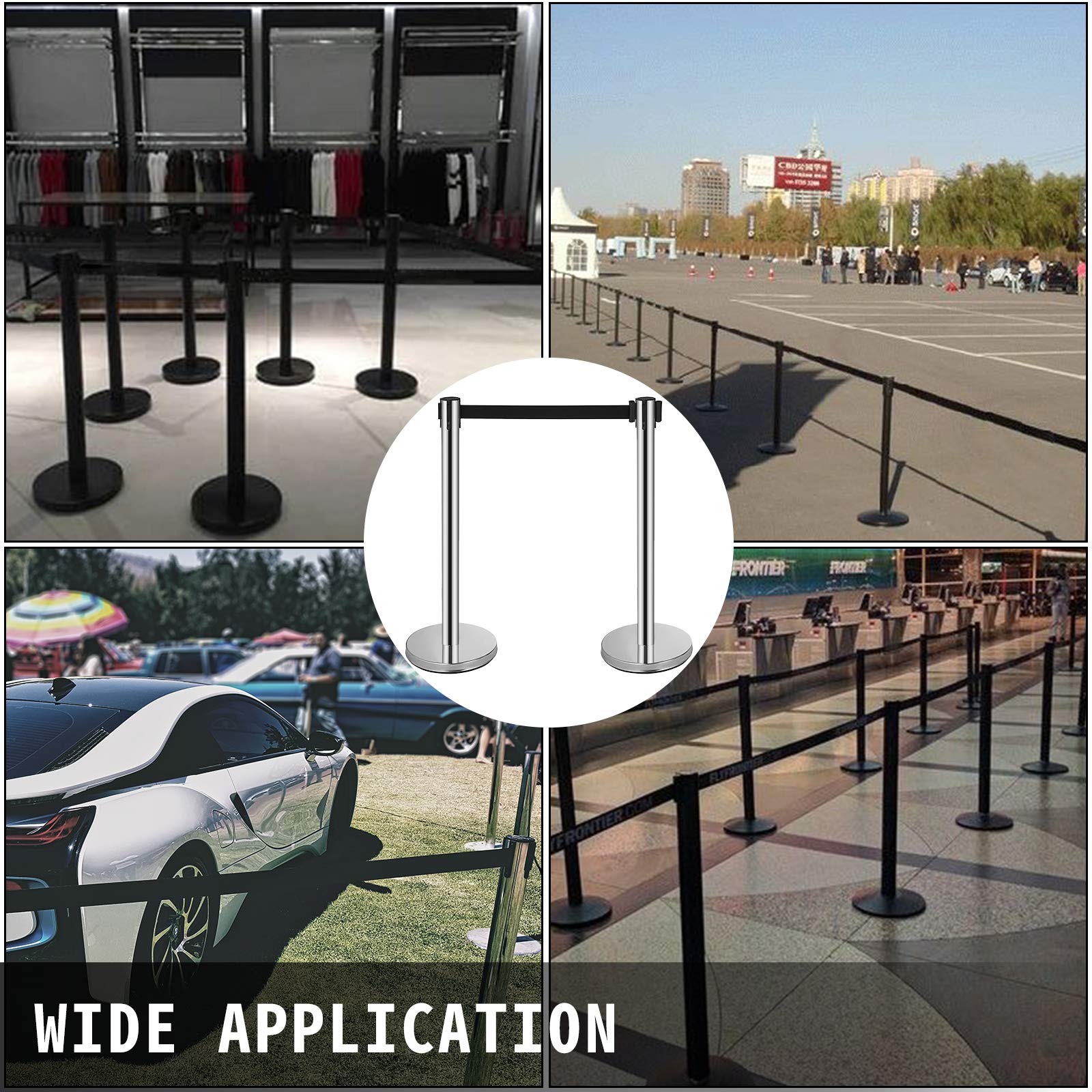 6 Pcs Stainless Steel Stanchion Posts with 6.5' Retractable Belt Rope - 36In Black Crowd Control Barriers for Events, Parties & Queue Management - Durable Silver Queue Poles for Indoor/Outdoor Use