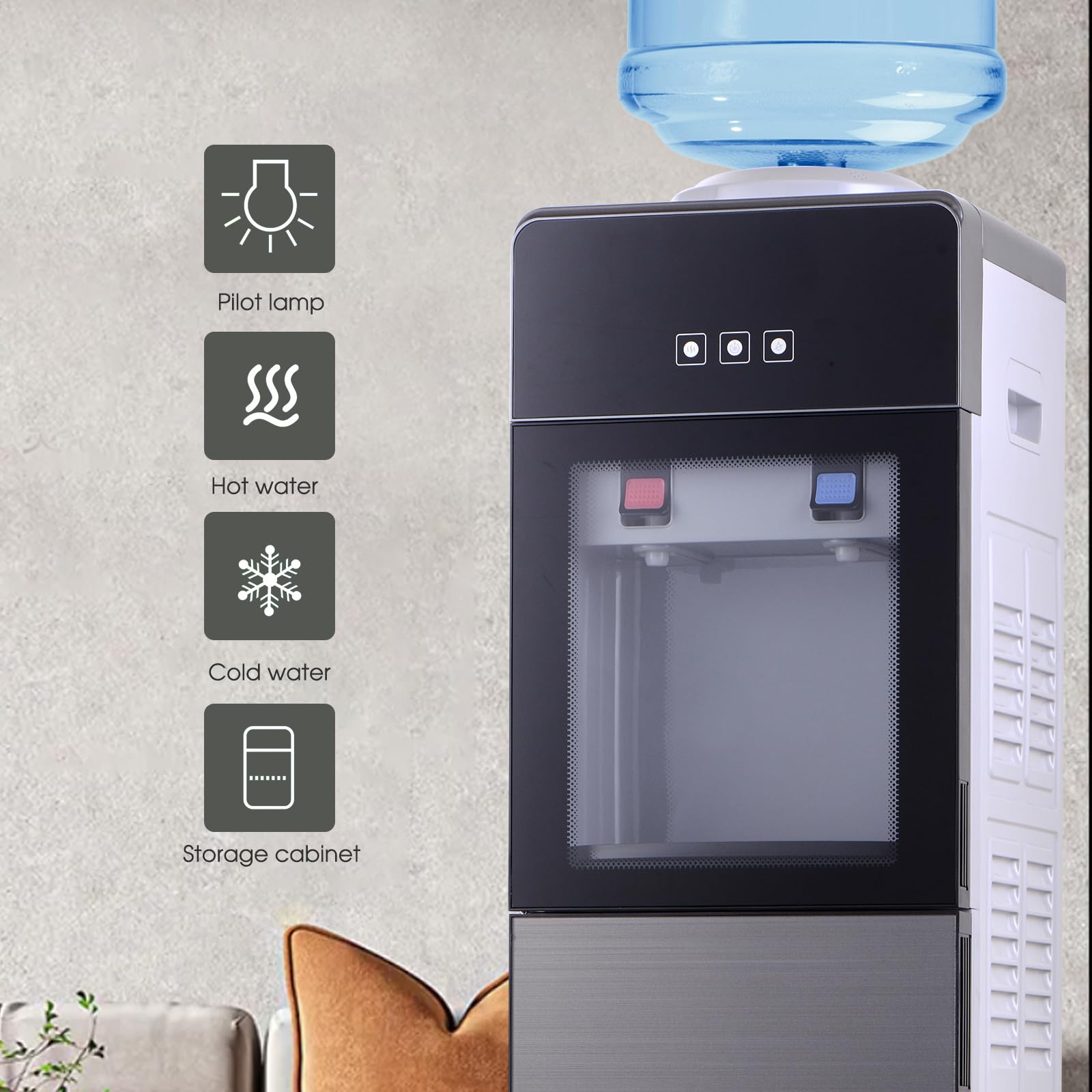 Premium 3-5 Gallon Top-Loading Hot & Cold Water Cooler Dispenser - Luxury Design with Storage Cabinet & Glass Door for Home, Office & School - Grey - Perfect for Kitchens, Break Rooms & Dormitories
