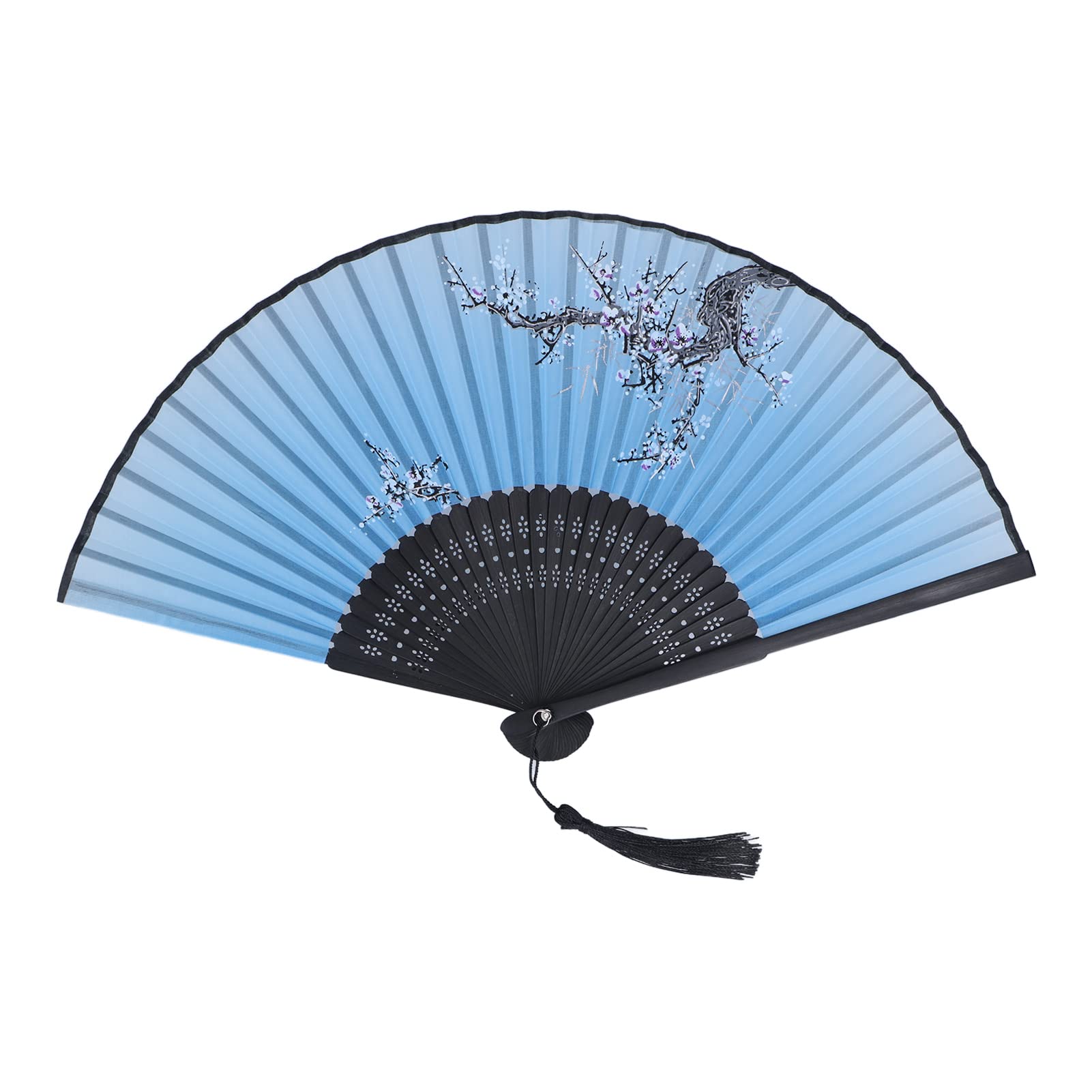 Portable Foldable Bamboo Hand Fan with Plum Blossom Pattern - Elegant Retro Style for Business Promotions, Office Supplies & Unique Gifts (Black Frame Blue Plum Design) - Perfect for Weddings, Home Decor & Summer Cooling
