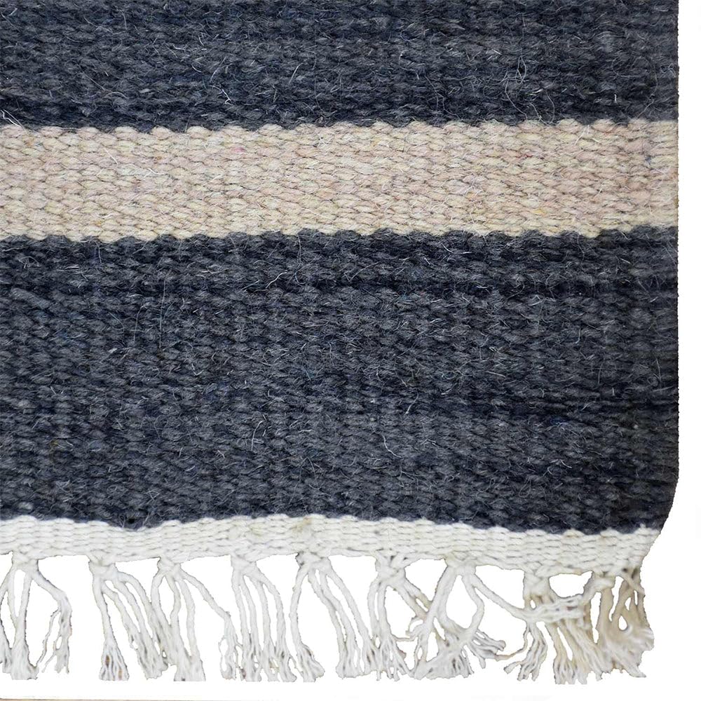 Handmade Wool Kilim Area Rug - 4'x6' Flat Weave Eco-Friendly Carpet in Charcoal Cream | Contemporary Low Pile Living Room Rug for Home Decor, Bedroom & Office | D00116