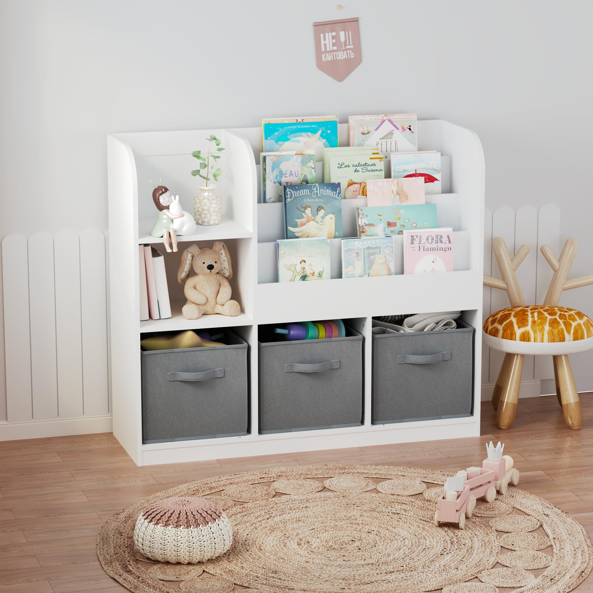 CCKO Kids Bookcase with 3 Movable Fabric Drawers - Multifunctional Bookshelf & Toy Storage Organizer for Nursery, Playroom, Bedroom - White/Gray Display Shelf for Books, Toys & Room Decor
