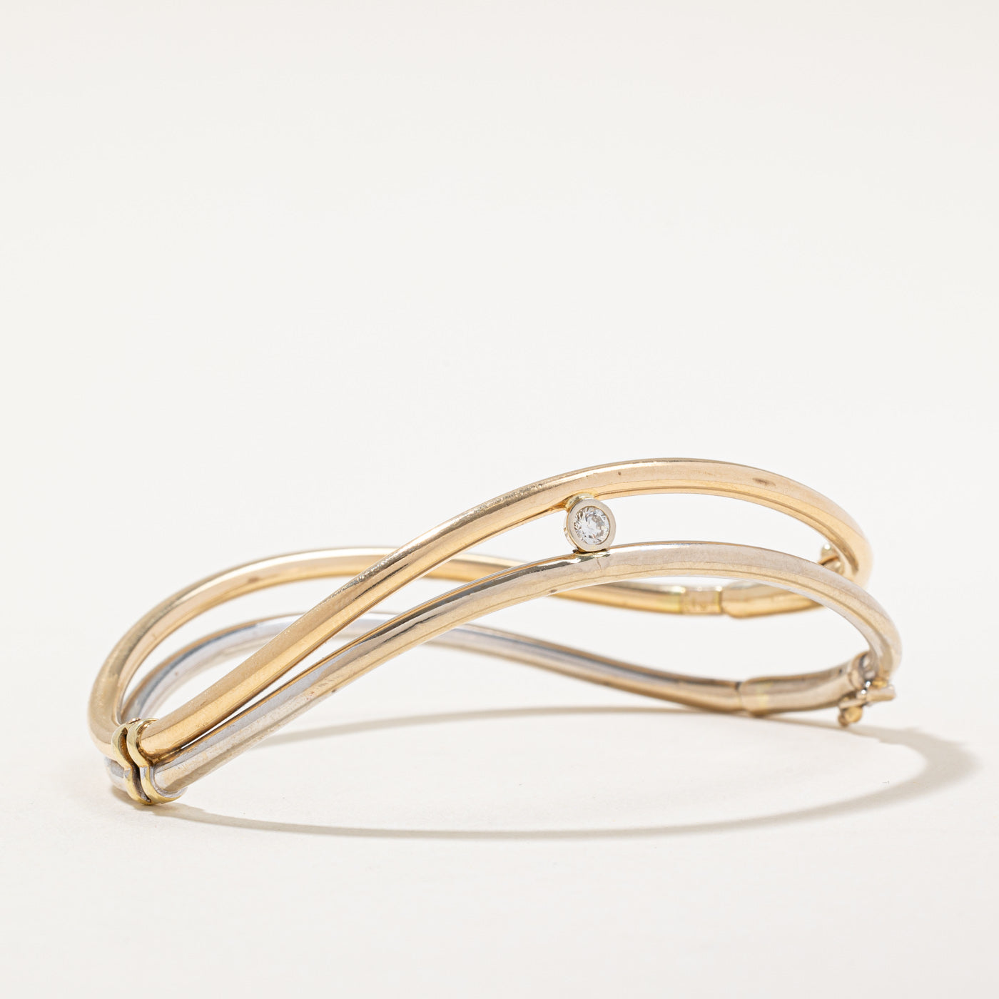 Two Tone Gold Diamond Curved Bangle Bracelet - 0.16ct Diamond Jewelry for Women | Elegant 9K Gold Bangle for Parties, Weddings & Special Occasions