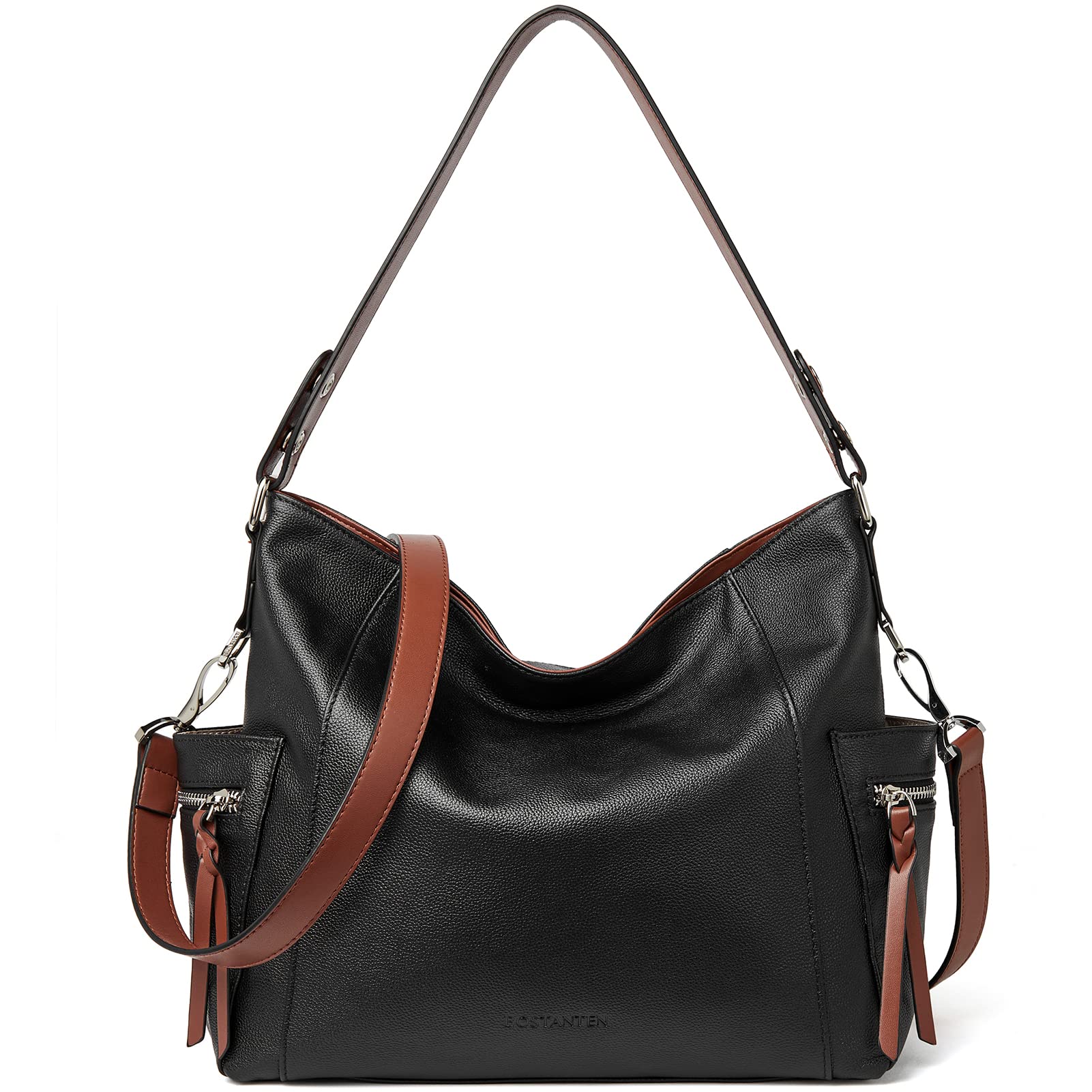 BOSTANTEN Genuine Leather Hobo Handbag for Women - Designer Shoulder Tote & Crossbody Purse - Large Capacity Work Bag, Travel Bag, Everyday Carry (Black)