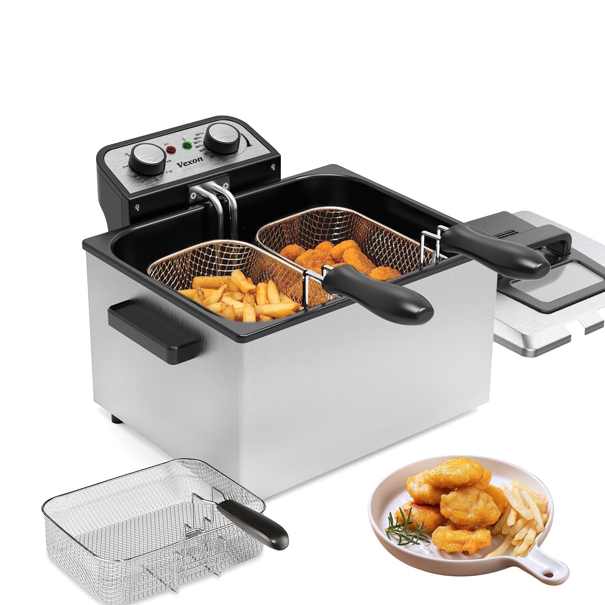 1800W 5L/21 Cup Commercial-Grade Stainless Steel Deep Fryer with Adjustable Thermostat, View Window Lid & 3 Frying Baskets - Perfect for Home Kitchen, Restaurants, Frying Chicken Wings, Fish, Donuts & French Fries