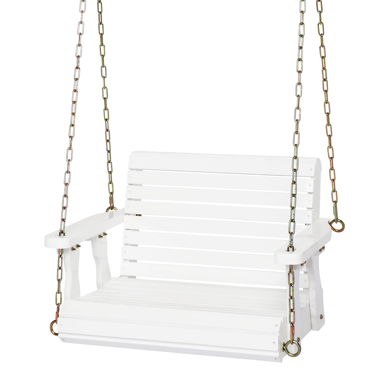 VINGLI Heavy Duty 440 LBS Capacity Wooden Porch Swing - Single Person Outdoor Swing Chair with Adjustable Chains for Patio, Garden, Balcony & Backyard - Perfect for Relaxing, Reading & Enjoying Nature (White)