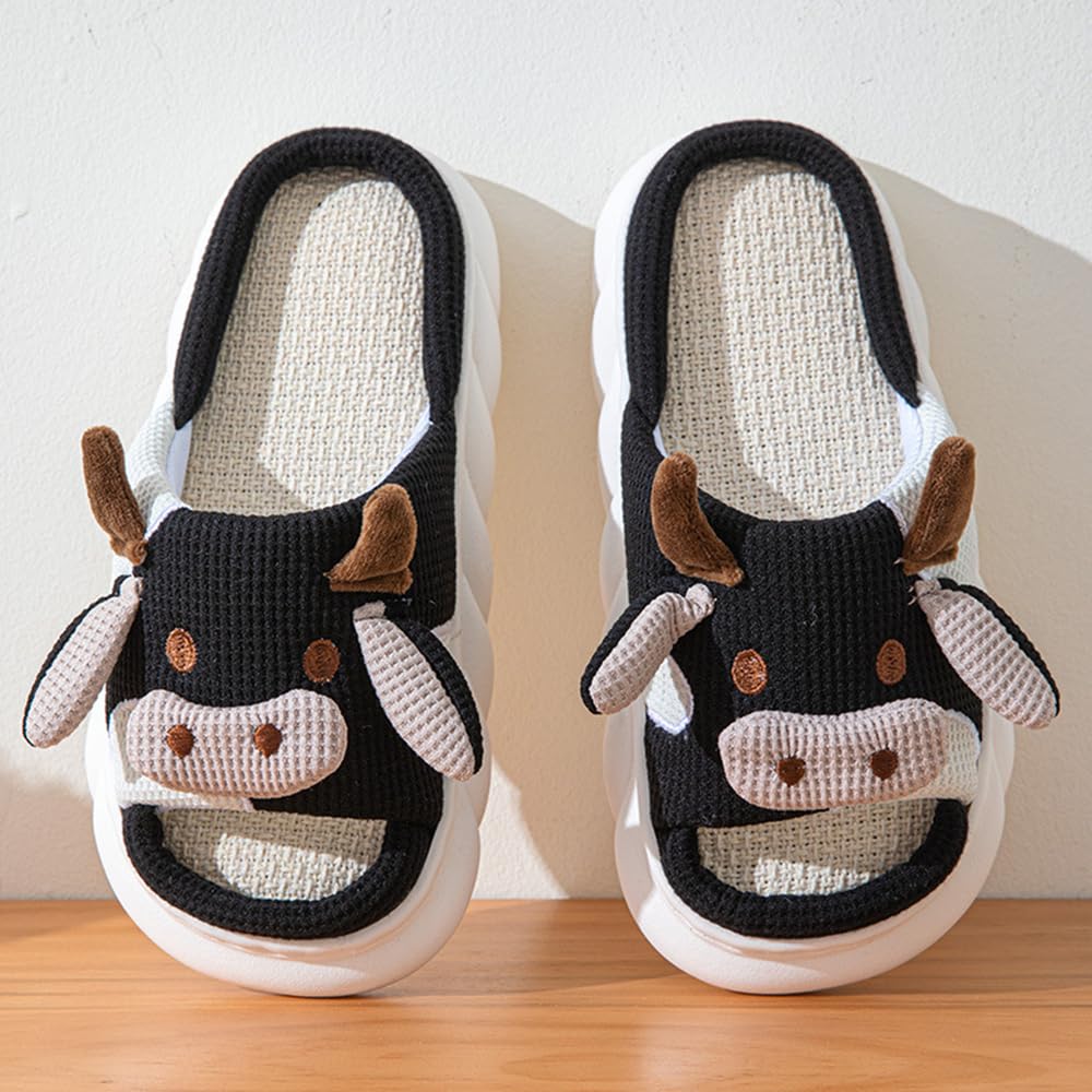 **Warm & Cozy Cow Slippers for Women & Men - Cute Cartoon Animal Fuzzy/Linen House Shoes - Indoor/Outdoor Comfort for Winter & Summer - Perfect for Home, Office & Lounging**