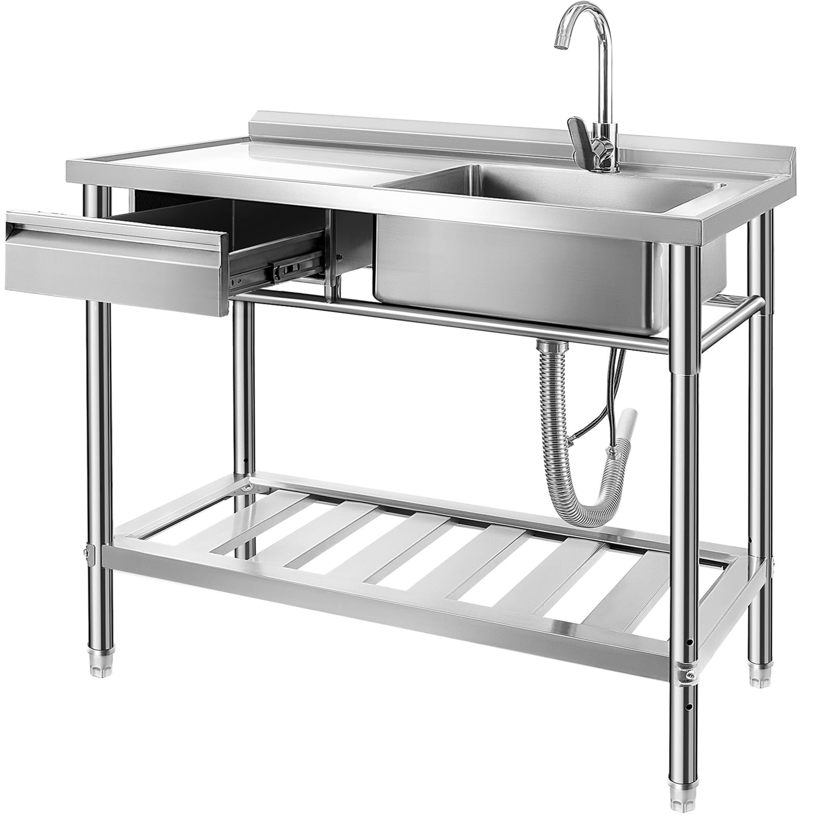 YORKING 47-inch Stainless Steel Utility Sink - Commercial Grade Single Bowl Kitchen Sink with Storage Drawer | Hot & Cold Water Pipes | Indoor & Outdoor Use for Restaurants, Food Trucks, Garages & Home Kitchens