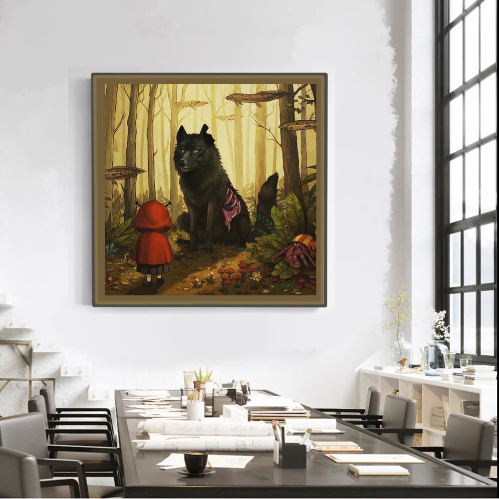 Red Riding Hood Meets the Big Bad Wolf - Vintage Fairy Tale Art Print for Nursery, Kids Room & Storybook Themed Decor