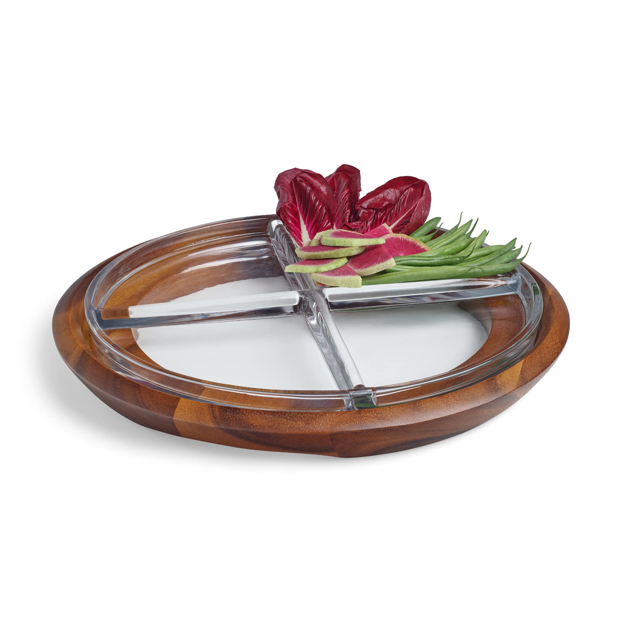 Nambe Cooper Crudité Tray - 13.75 Inch Acacia Wood & Glass Divided Serving Platter for Veggies, Snacks, Appetizers | Elegant Party & Entertaining Dish | Designed by Steve Cozzolino | Perfect for Dinner Parties, Charcuterie Boards & Holiday Gatherings