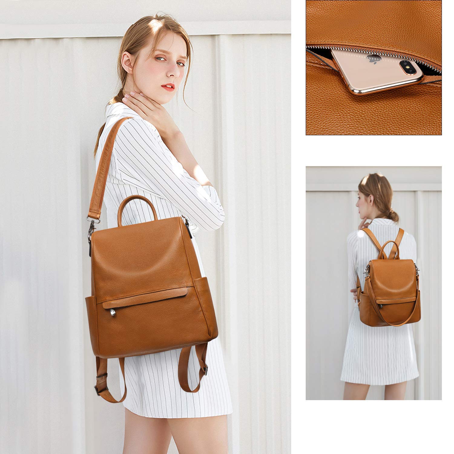 S-ZONE Genuine Leather Women's Anti-Theft Backpack - Stylish Travel Rucksack & Shoulder Bag for Work, College & Outdoor Adventures
