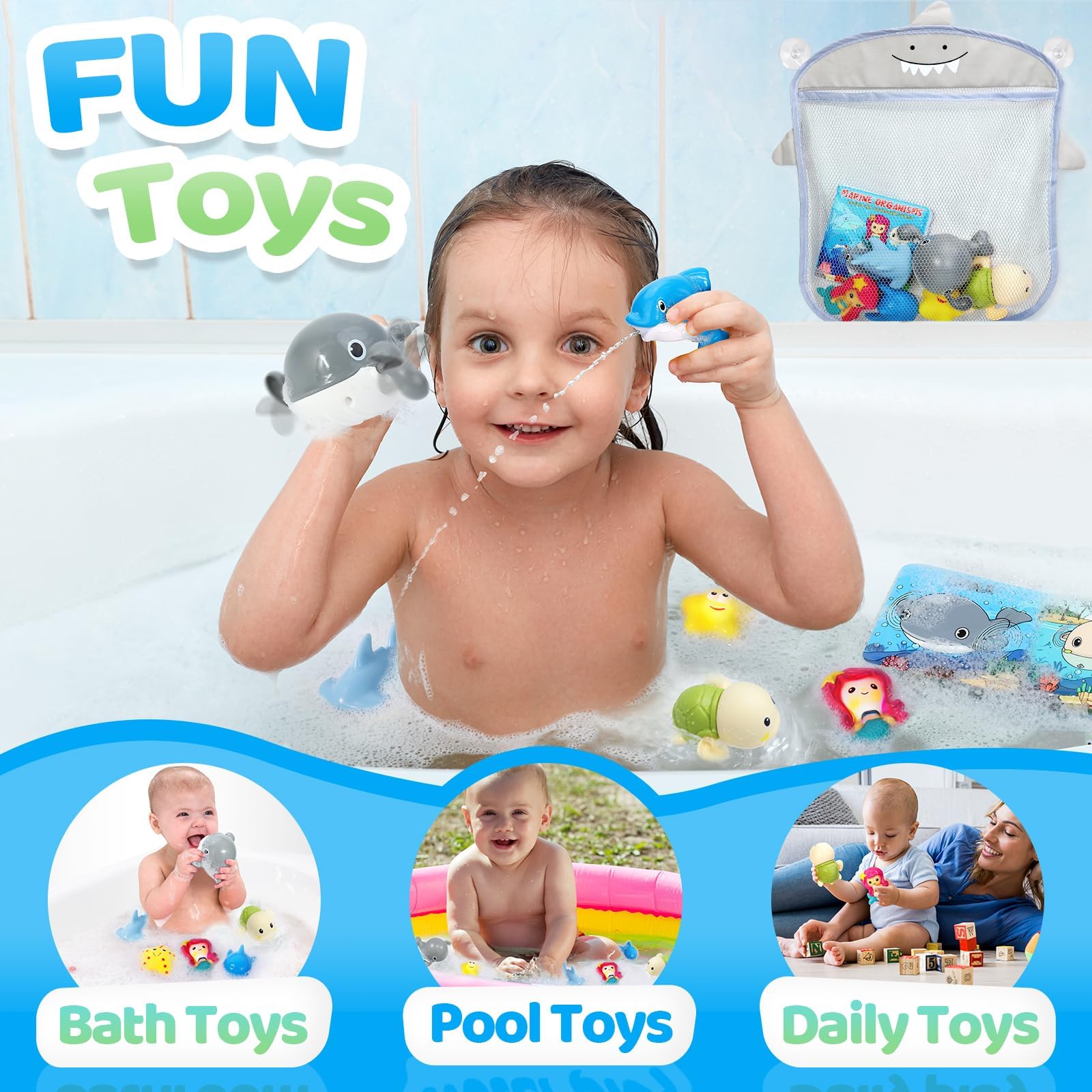 Orzbow Light Up Whale Bath Toys for Toddlers & Kids - Wind Up Water Toys for Babies 1-3 Years, Fun Spray Bathtub Toys with Bath Book & Mesh Organizer - Ocean Animal Set for Baby Pool & Bath Time Play