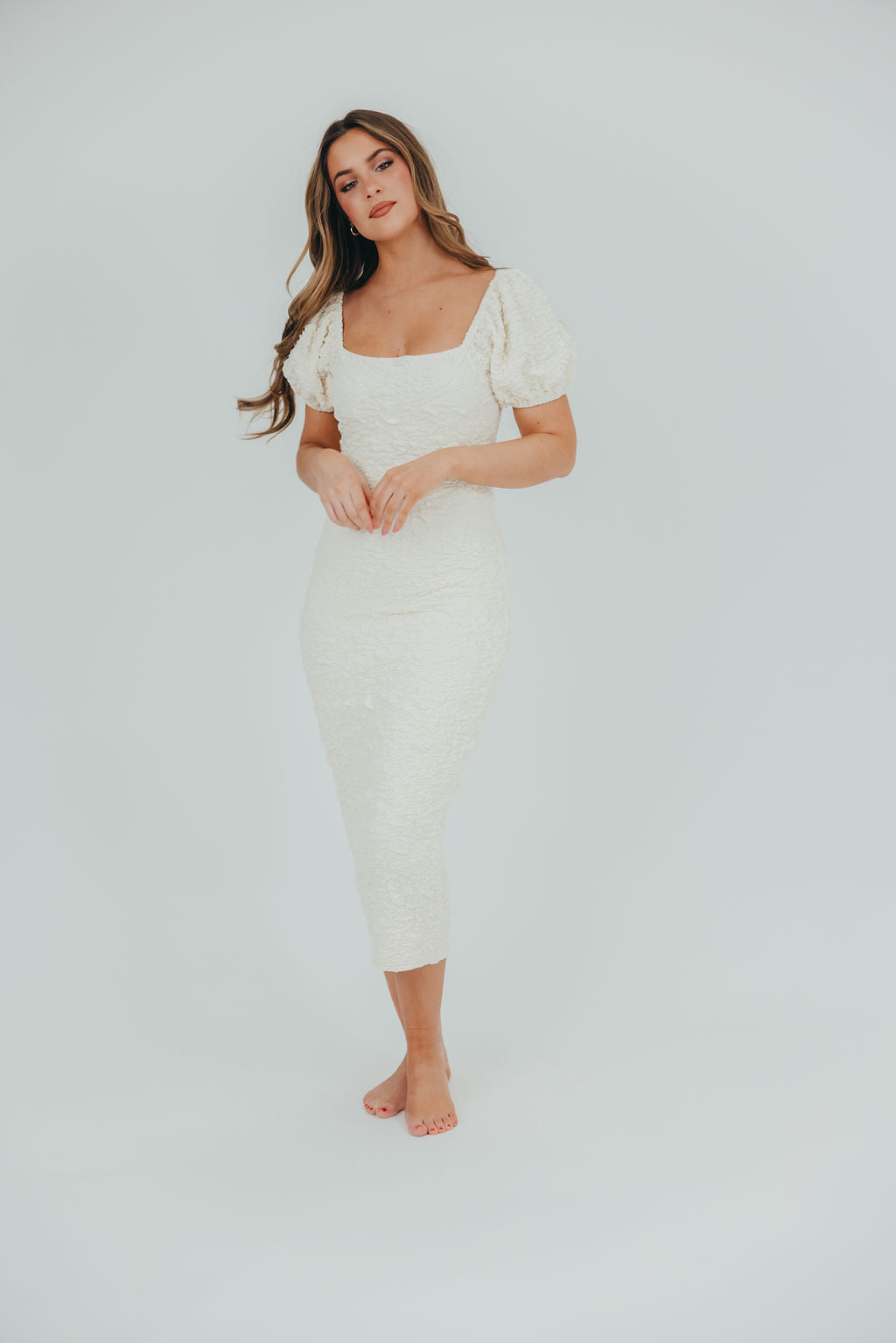Blakeley Textured Midi Dress in Ivory - Bump Friendly Maternity Dress & Inclusive Sizing (S-3XL) | Perfect for Baby Showers, Bridal Events & Everyday Wear