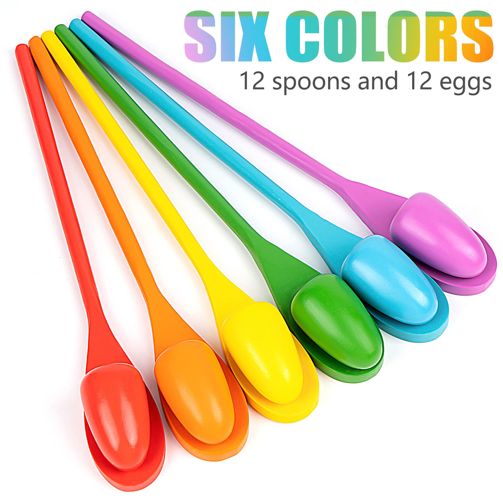 24 Pack Easter Egg and Spoon Race Game Set - 6 Colors with 12 Plastic Eggs & 12 Spoons - Fun Kids Outdoor Party Games for Easter, Halloween, Birthday Parties & Field Day Activities