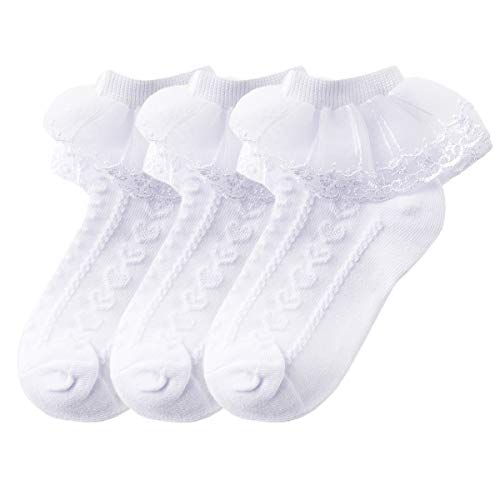 DoMii Toddler Girls Lace Ruffle Ankle Socks - 3 Pack Soft Cotton Frilly Socks for Baby Girls - Perfect for Dresses, Parties & Everyday Wear