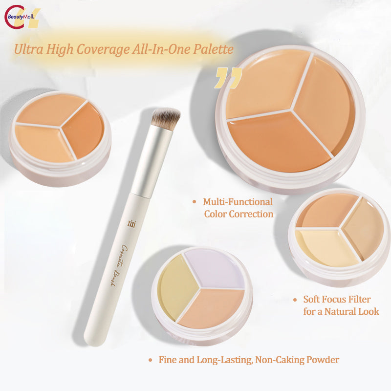 XIXI Flawless Skin Long Lasting 3 Color Concealer Palette - Full Coverage Liquid Makeup for Dark Circles, Blemishes & Acne - Perfect for Everyday Wear & Professional Makeup Artists