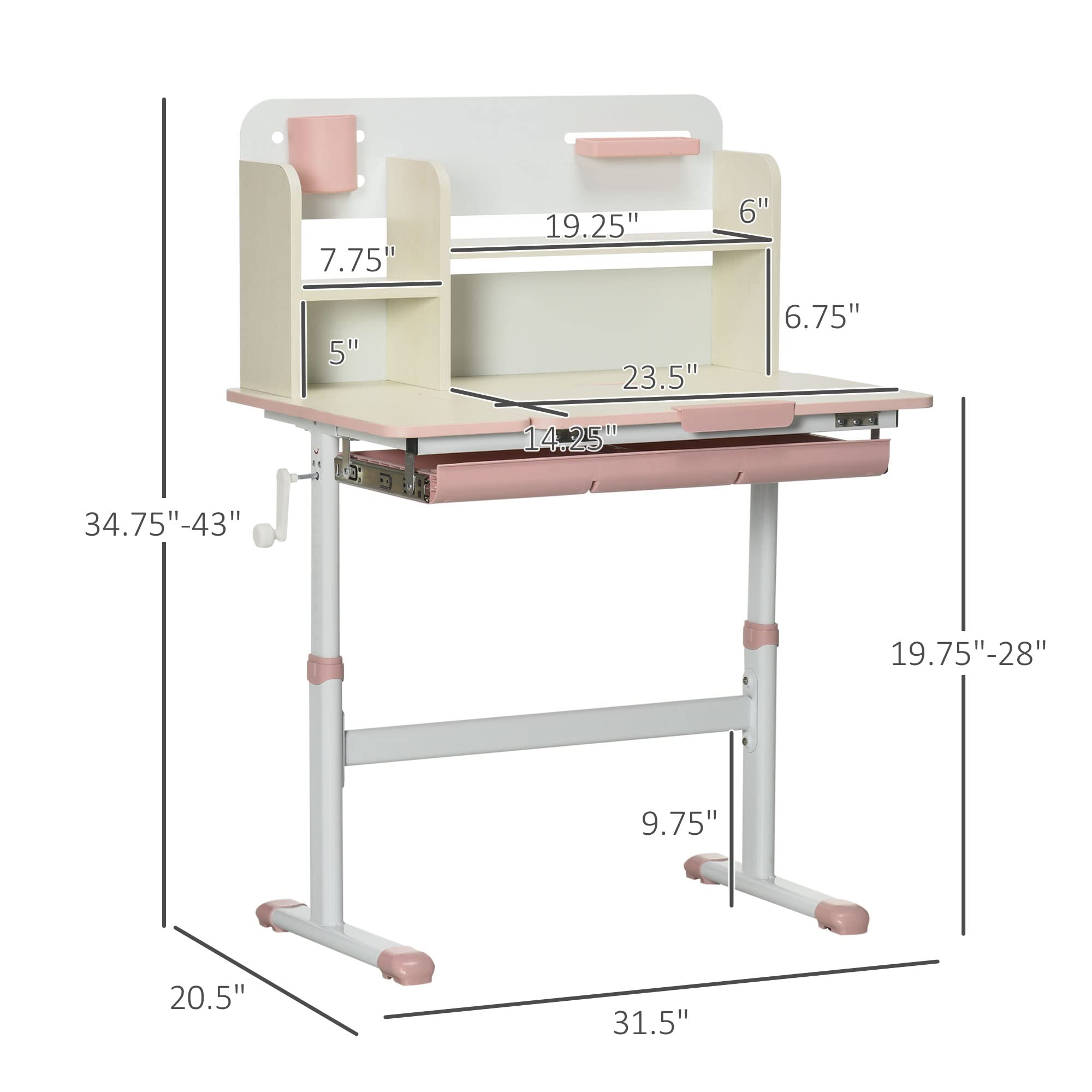 Qaba Adjustable Height Wooden Kids Study Desk - Children's School Writing Table with Tilt Desktop, Drawer, Storage Shelf & Pen Holder - Perfect for Homeschooling, Online Learning & Bedroom Study (Pink)