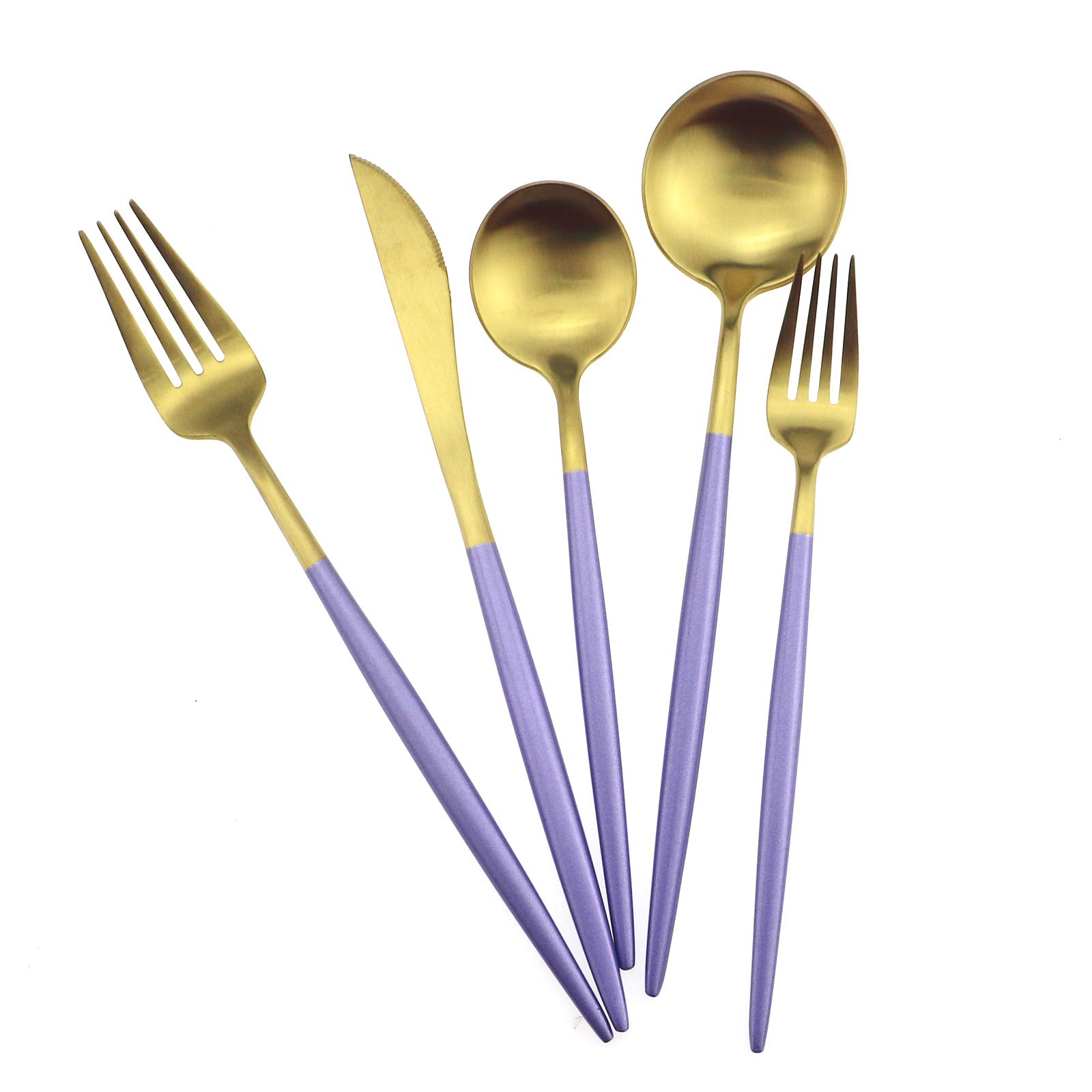 Gugrida 5-Piece Purple Gold Flatware Set - 18/10 Stainless Steel Cutlery with Matte Purple Handle (Fork, Spoon, Knife) - Elegant Dinnerware for Home, Camping & Travel - Durable Silverware for Everyday Use & Outdoor Adventures