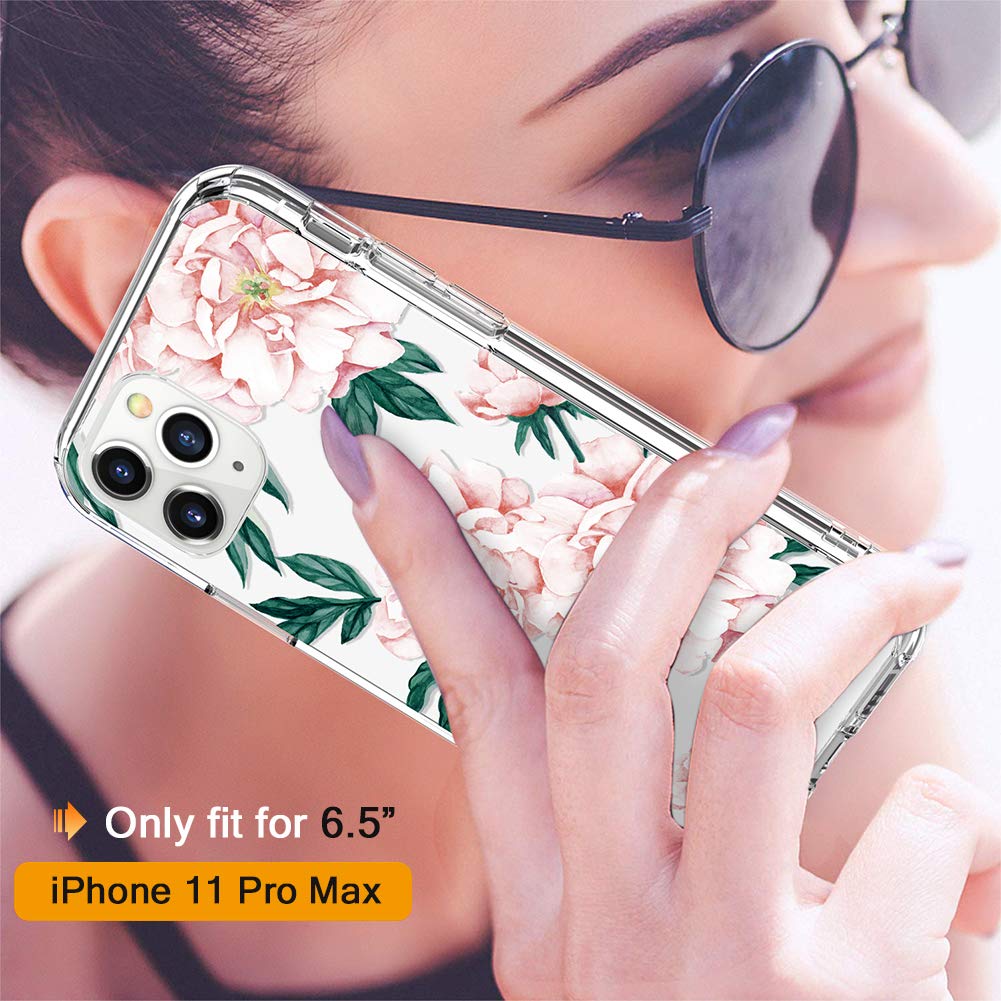 GiiKa iPhone 11 Pro Max Case with Screen Protector - Clear Floral Design Shockproof Hard PC & Slim TPU Bumper Cover for Women (Pink Flowers) | Perfect for Everyday Protection, Work, School & Travel