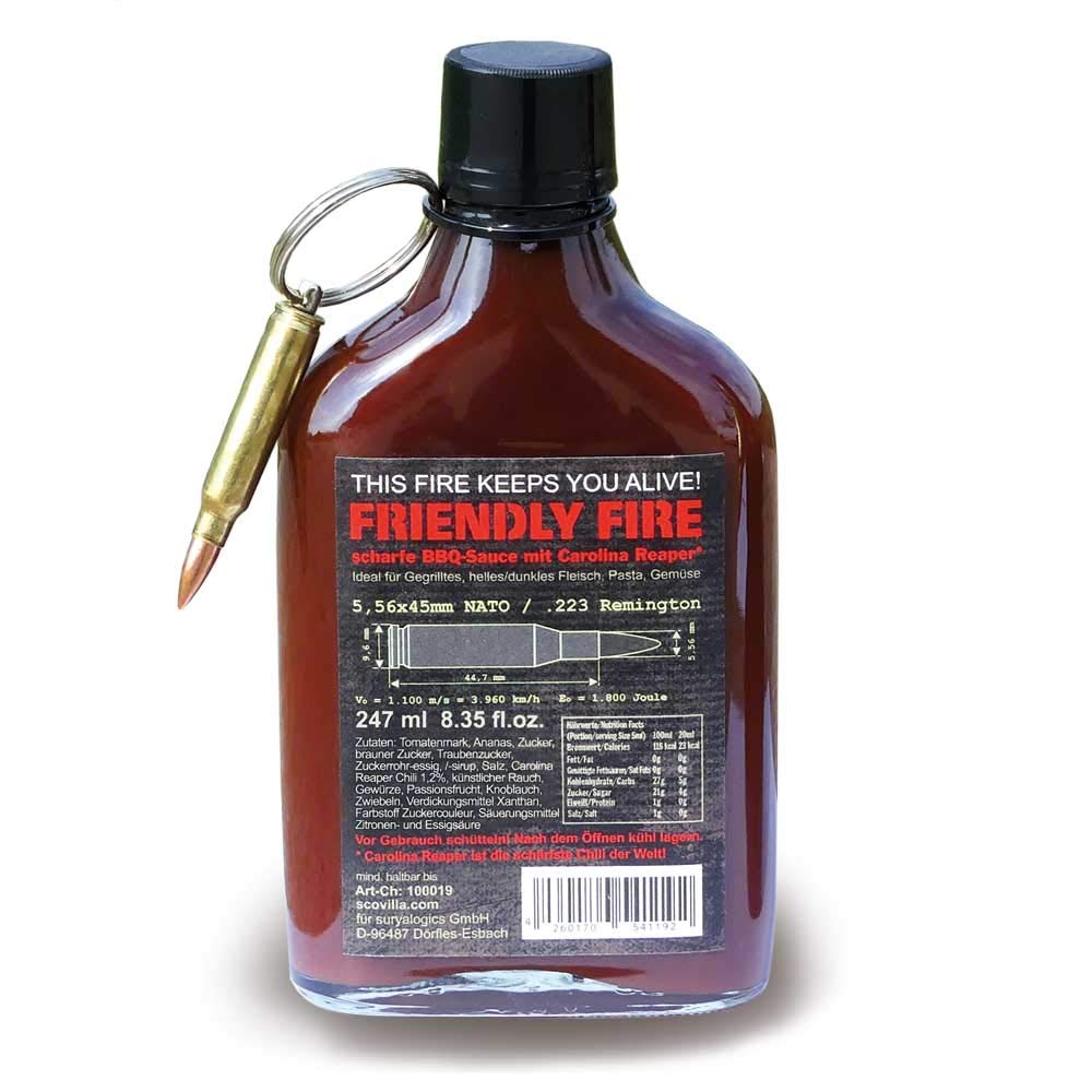 Scovillas FRIENDLY FIRE Hot BBQ Sauce with Real Bullet - 8.3oz (247ml) - Spicy Grilling & Cooking Sauce for Ribs, Wings, Burgers & More - Perfect for BBQ Parties & Outdoor Cooking