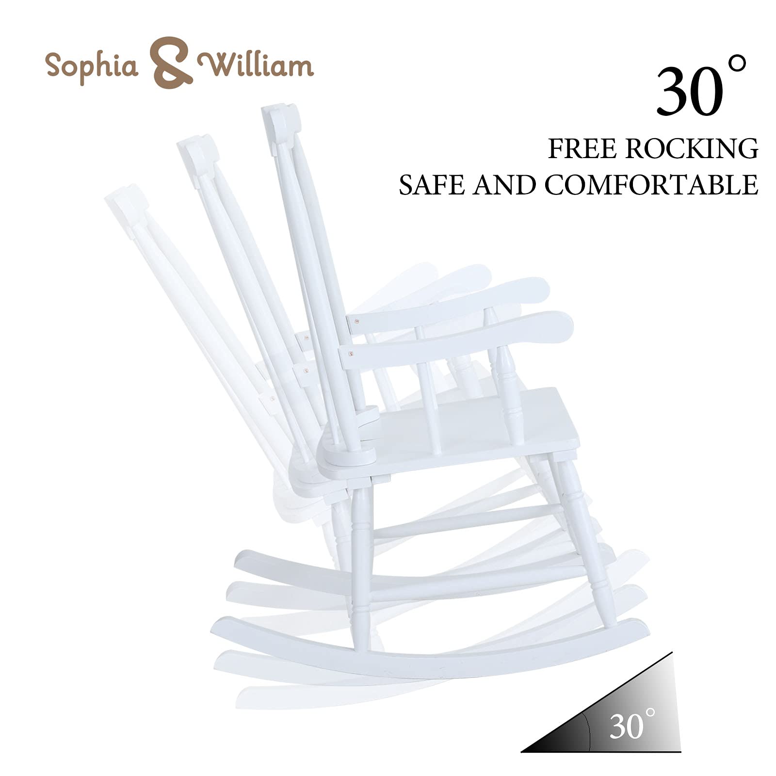 Sophia & William Modern White Poplar Wood Rocking Chair - Fan-Shaped Back Design for Porch, Patio, Garden, Lawn, Balcony & Indoor Use - 300 lbs Weight Capacity (1 Pack) - Perfect for Relaxing, Reading & Enjoying Outdoor Breezes
