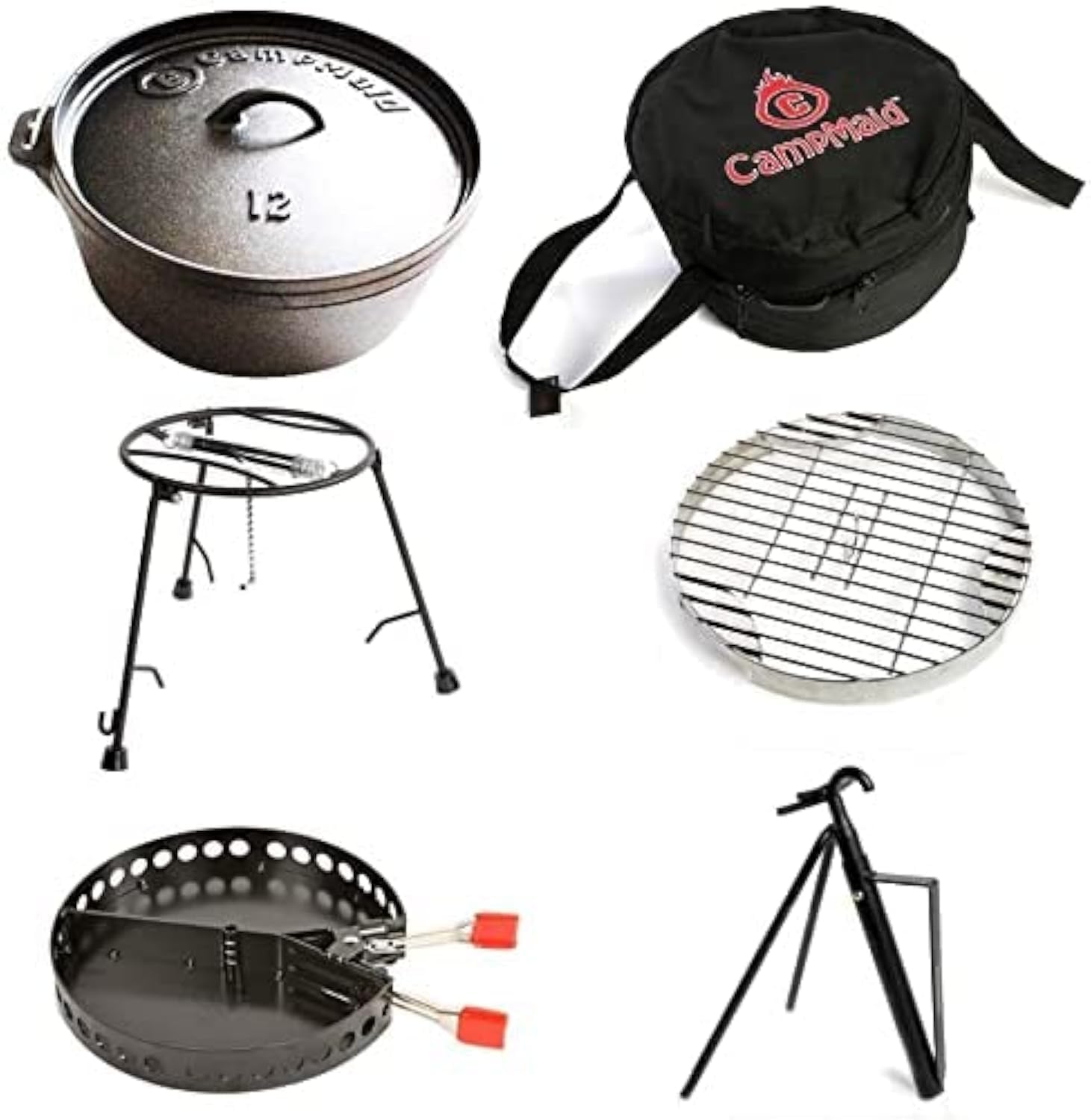 Premium 6-Piece Outdoor Cooking Set - Dutch Oven, Charcoal Holder & Cast Iron Grill Tools - Complete Camping Kitchen Equipment for Backyard BBQs, Picnics & Camping Trips