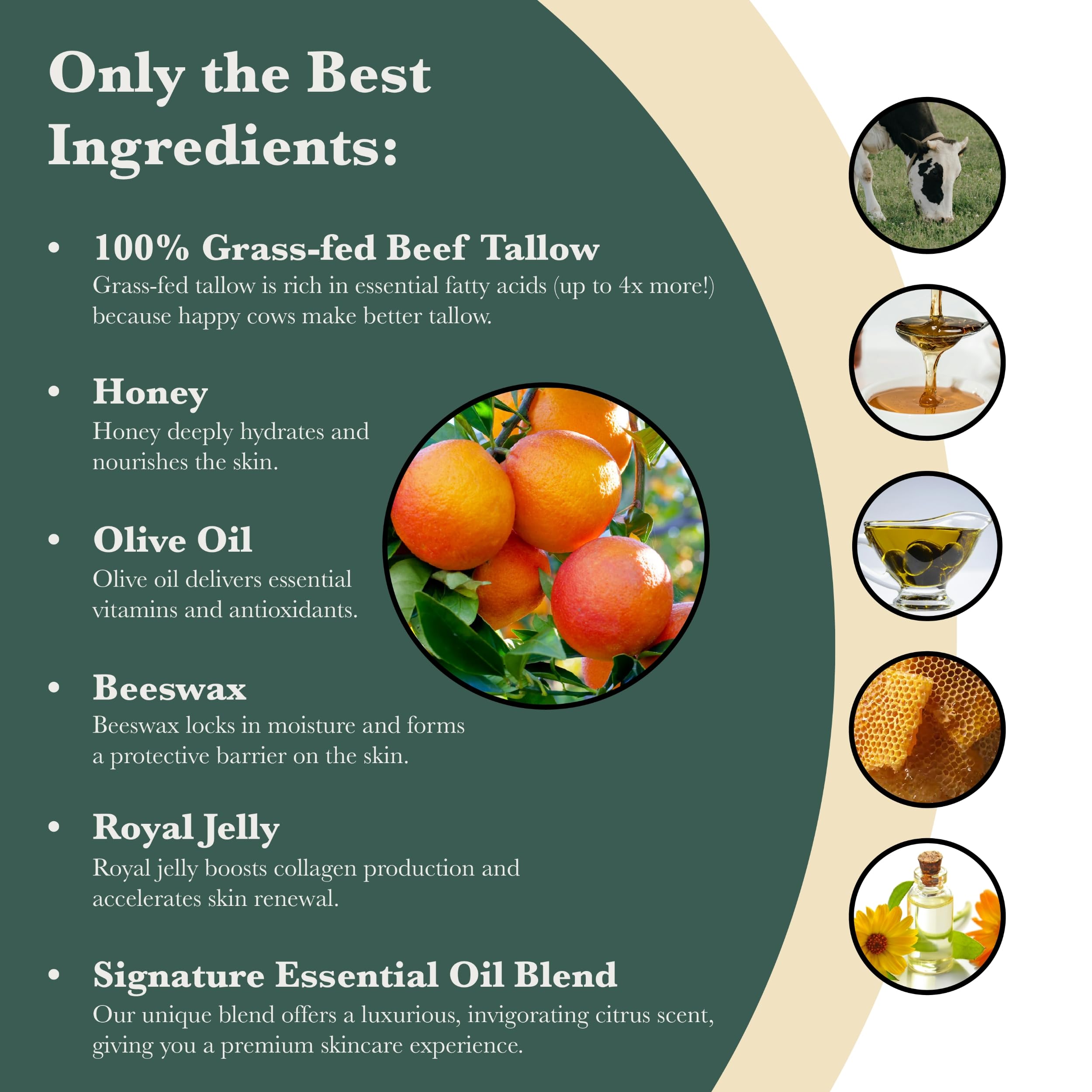 Organic Citrus Honey Tallow Balm - Skin Nutrition with Beeswax & Olive Oil for Dry Skin Care