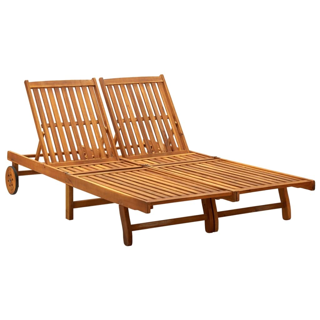 Premium 2-Person Outdoor Chaise Lounge - Adjustable Reclining Sun Lounger with Wheels, Solid Acacia Wood Patio Furniture for Poolside, Garden & Backyard Relaxation