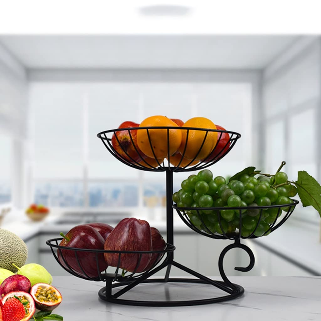 3-Tier Metal Wire Fruit Basket - Standing Organizer for Fruits, Vegetables, Bread & Snacks - Rustic Home Kitchen Decor (Black) | Perfect for Countertop Display, Pantry Storage & Party Serving