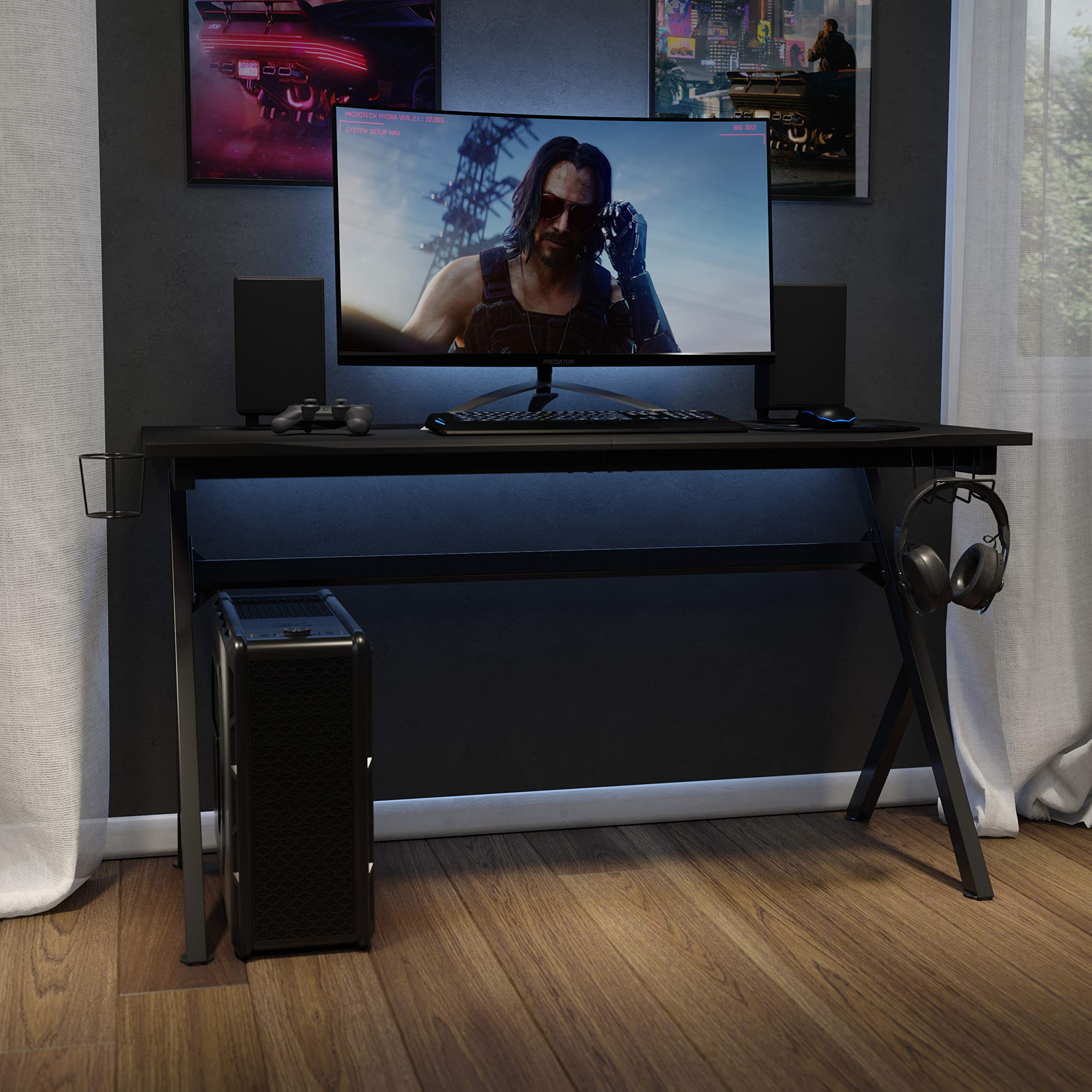 EMMA & OLIVER 55 Inch Black Gaming Computer Desk with Headphone Hook, Cable Management System & Mouse Pad - Perfect for Home Office, Gaming Setup and Workstation Organization