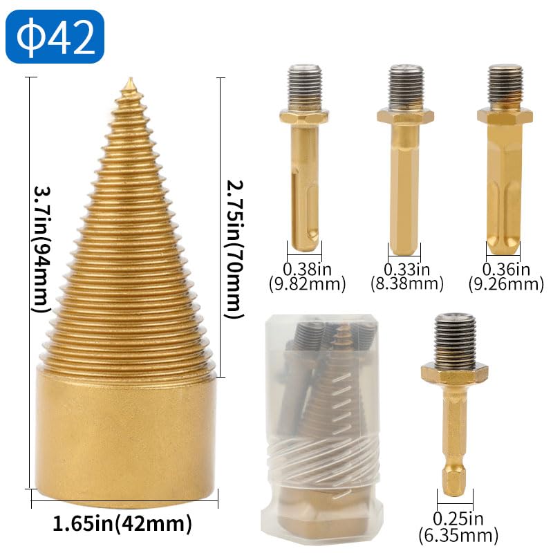 Heavy Duty Log Splitter Drill Bits - 5pcs Removable Screw Cone Kindling Wood Splitting Set (32mm/1.26inch-42mm/1.65inch) for Electric Drills - Hex/Square/Round Shank - Perfect for Firewood Preparation, Camping & DIY Woodworking Projects